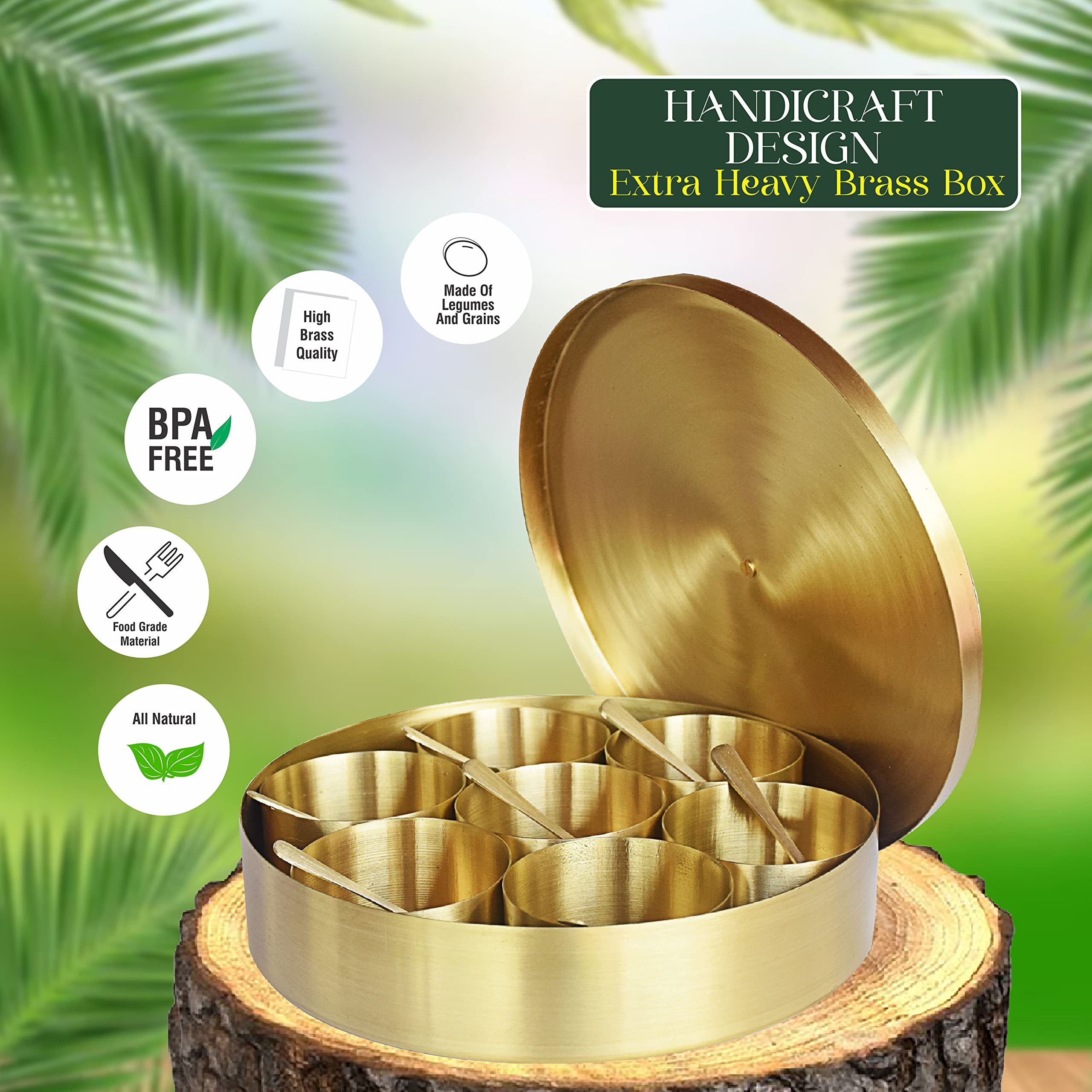 Premium Indian Brass Spice Box Set with 7 Containers (125ml Each) & 7 Spoons - Authentic Pure Source India Spice Storage for Kitchen, Cooking & Gifting