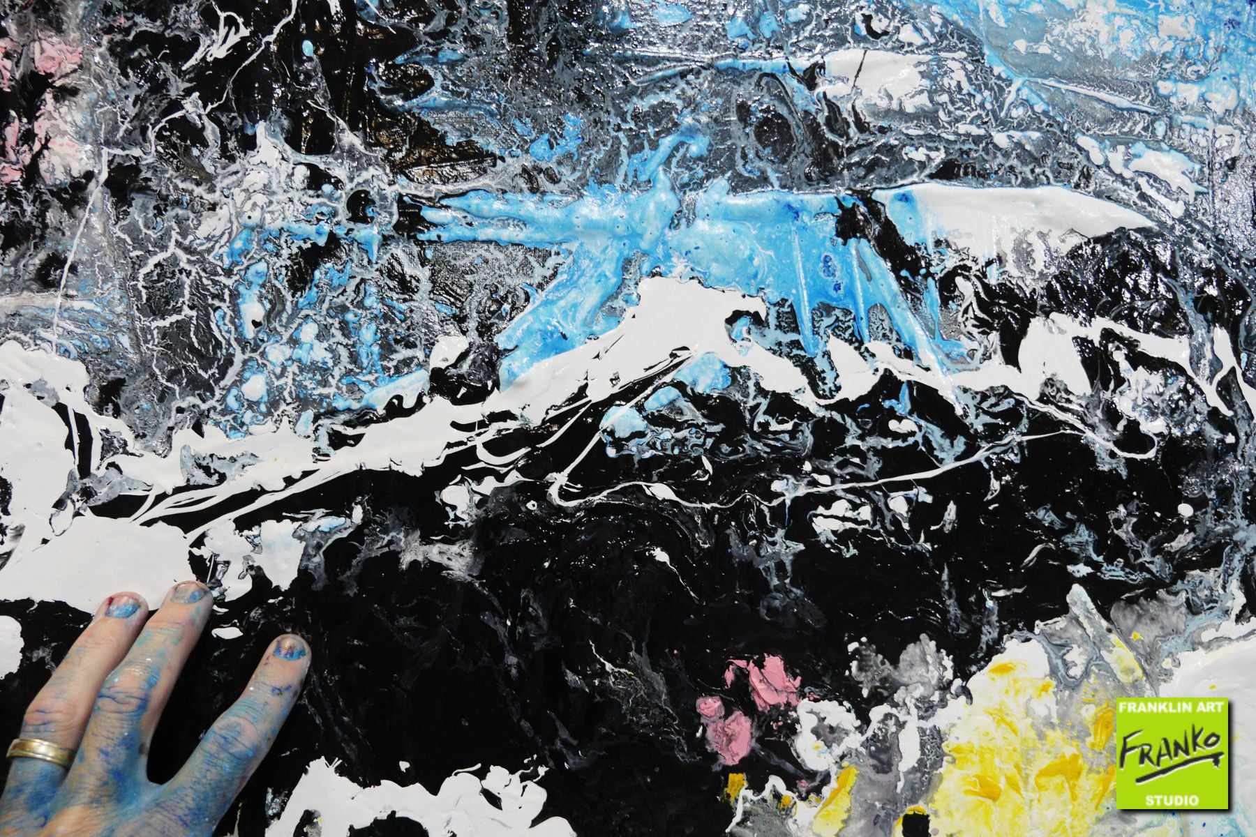 Jelly Dynamite 160cm x 100cm White Blue Black Textured Abstract Canvas Painting - Modern Wall Art for Living Room, Bedroom & Office Decor