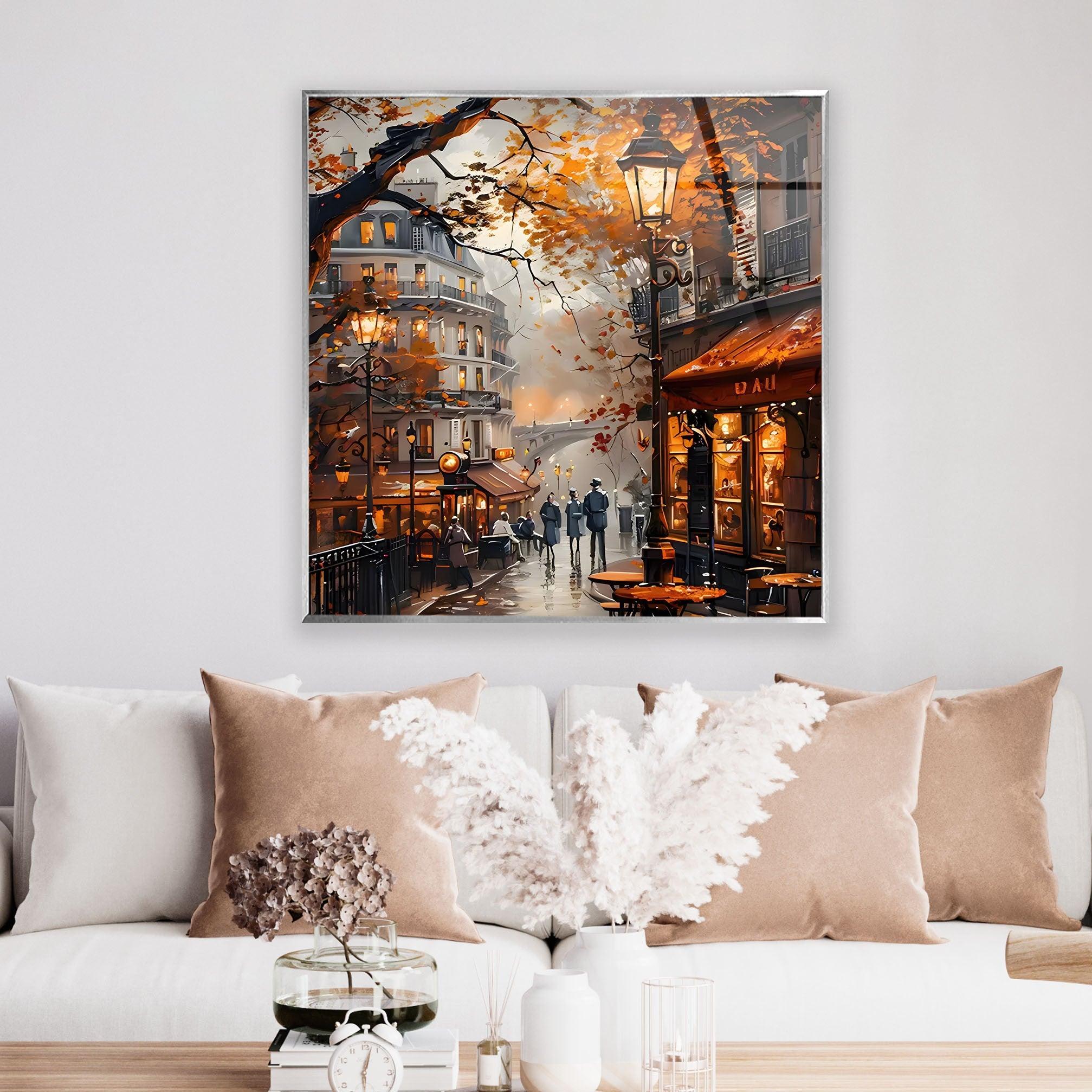 Autumn in Paris Glass Wall Art - Romantic Fall Cityscape Painting for Home & Office Decor | Perfect for Living Room, Bedroom, or Gift