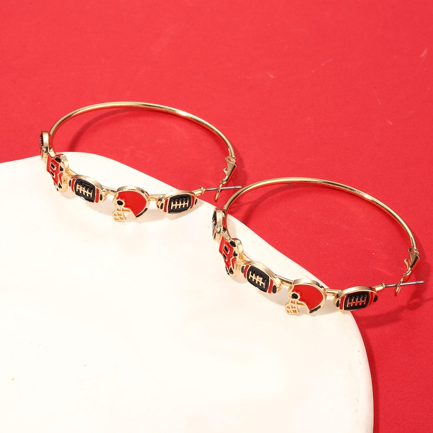 Football Earrings for Women - Red & Black Enamel Hoop Earrings, Football Mom Gifts, Game Day Accessories, Sport Team Outfits - Perfect for Game Day Parties, Football Mom Outfits, and Sport Fan Gifts