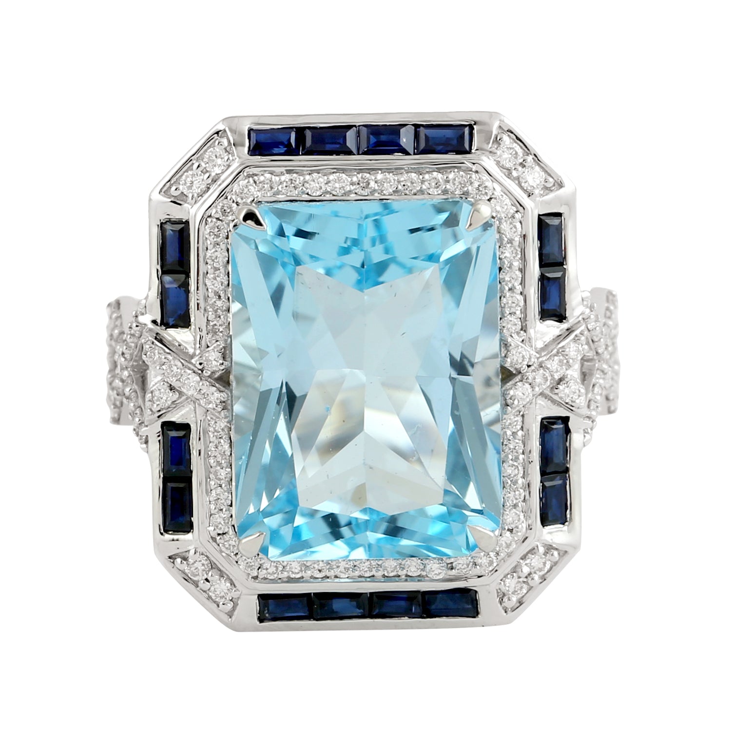 Blue Topaz & Sapphire Baguette Cut Diamond Engagement Ring in 14K White Gold – Perfect for Proposals, Weddings & Anniversary Gifts