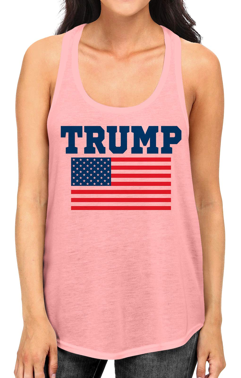 Junior's Trump USA Flag B1694 PLY Pink Racerback Tank Top - Patriotic Women's Fashion for 4th of July, Political Rallies & Summer Outfits