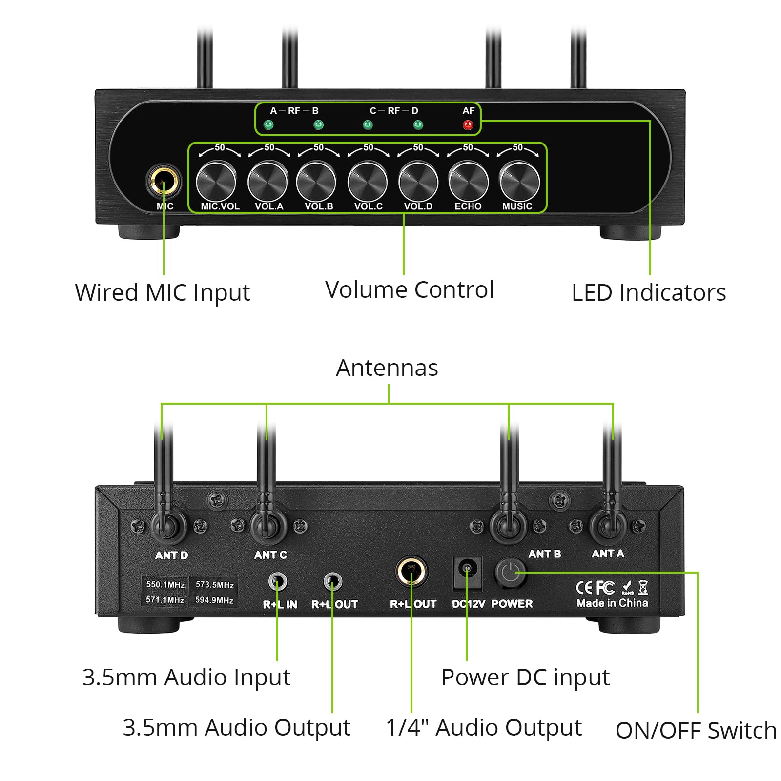 LiNKFOR Portable UHF 4-Channel Wireless Microphone System with 4 Handheld Mics, Bluetooth Connectivity for Smartphones, 50x4 Frequencies, Echo Effect, AUX In/Out - Ideal for Karaoke, Live Performances & Public Speaking