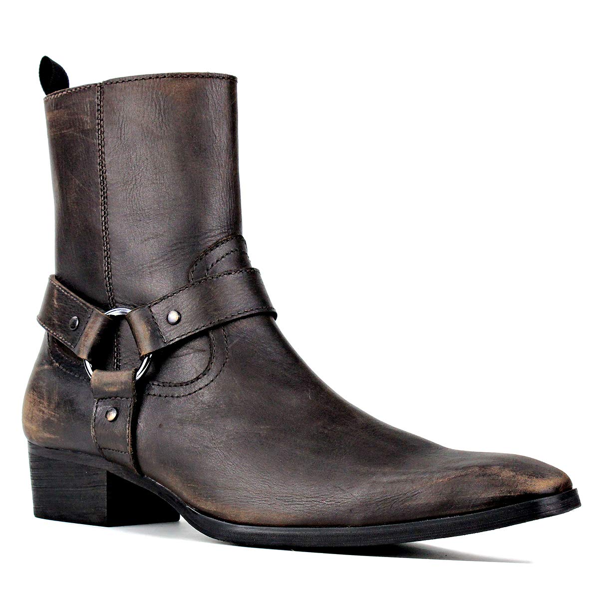 OSSTONE Men's Leather Chelsea Ankle Boots - Side Zipper Chukka Motorcycle Boots with Retro Heel (JY017-R) | Dress Boots for Casual Wear, Riding & Night Out