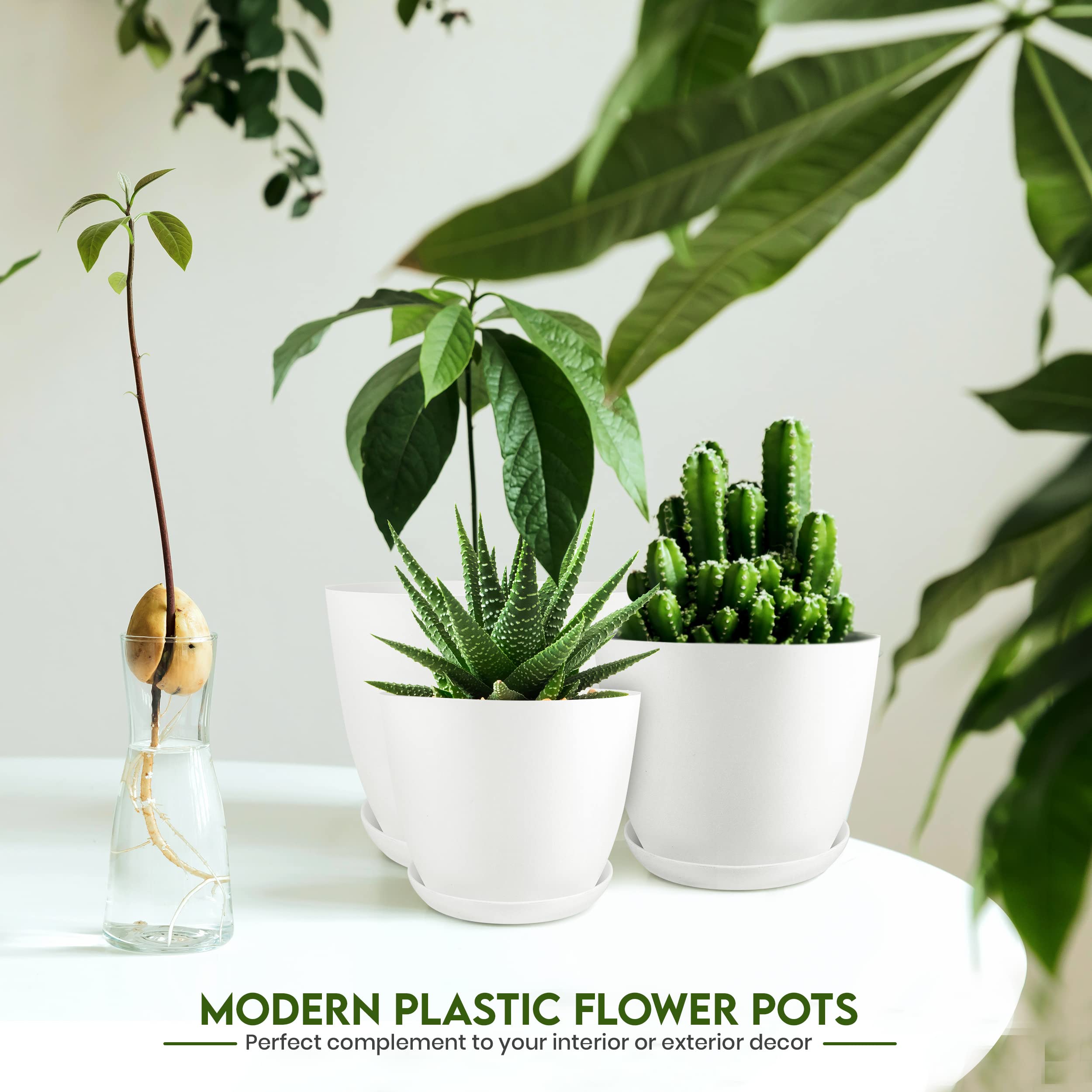 Utopia Home 5-Pack White Plastic Plant Pots with Drainage - 7/6.6/6/5.3/4.8 Inch Indoor Flower Planters for Succulents, Herbs & Houseplants - Perfect for Home Decor, Christmas Stocking Stuffers & Gardening Gifts