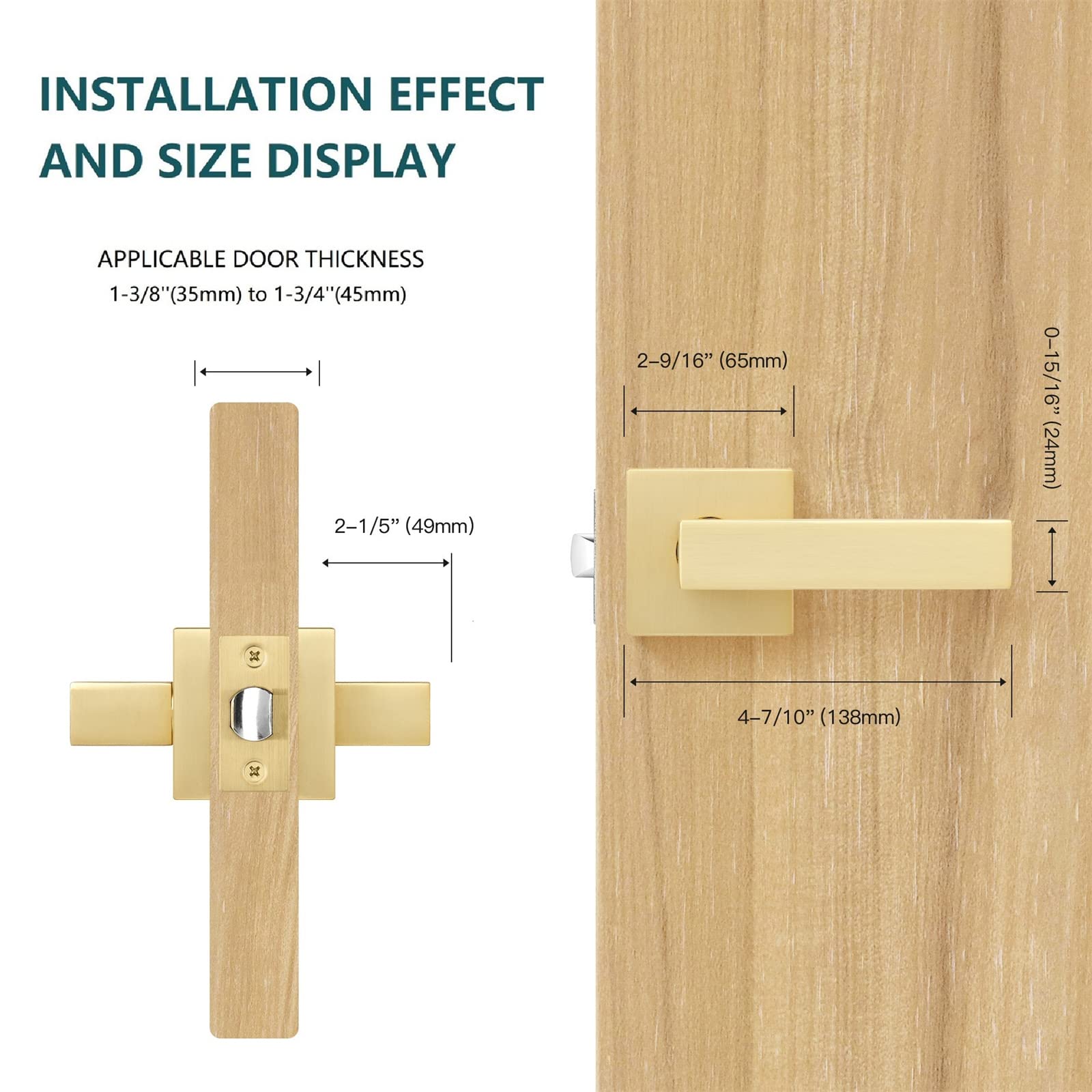 6 Pack Square Gold Passage Door Levers - Stain Brass Contemporary Modern Design for Hall, Closet & Interior Doors | Durable & Stylish Door Handles for Home, Office & Commercial Spaces