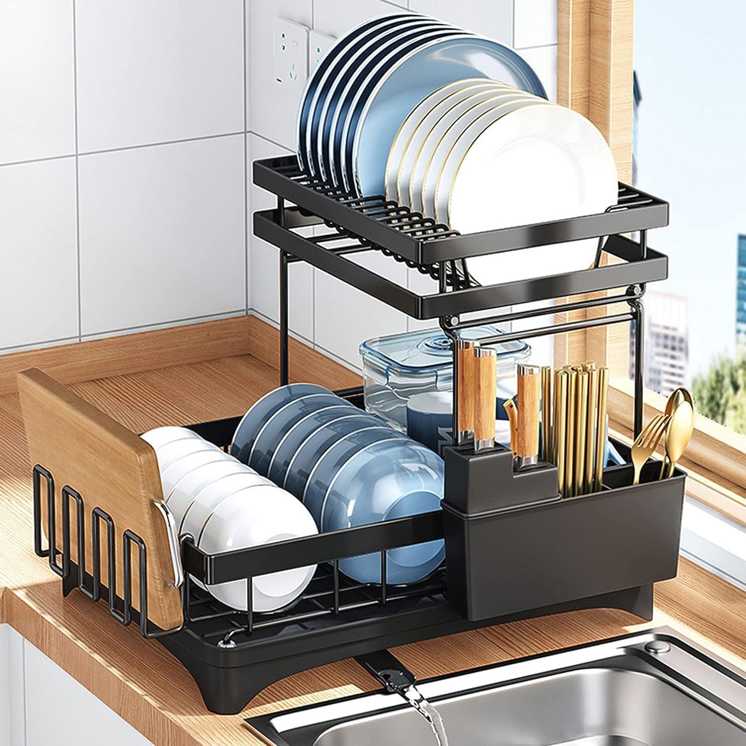 2-Tier Stainless Steel Dish Drying Rack with Drainboard - Large Sink Organizer with Cup & Utensil Holders - Space Saving Kitchen Counter Dish Strainer Shelf (Black) - Perfect for Small Kitchens, Apartments & Dishwashing Organization