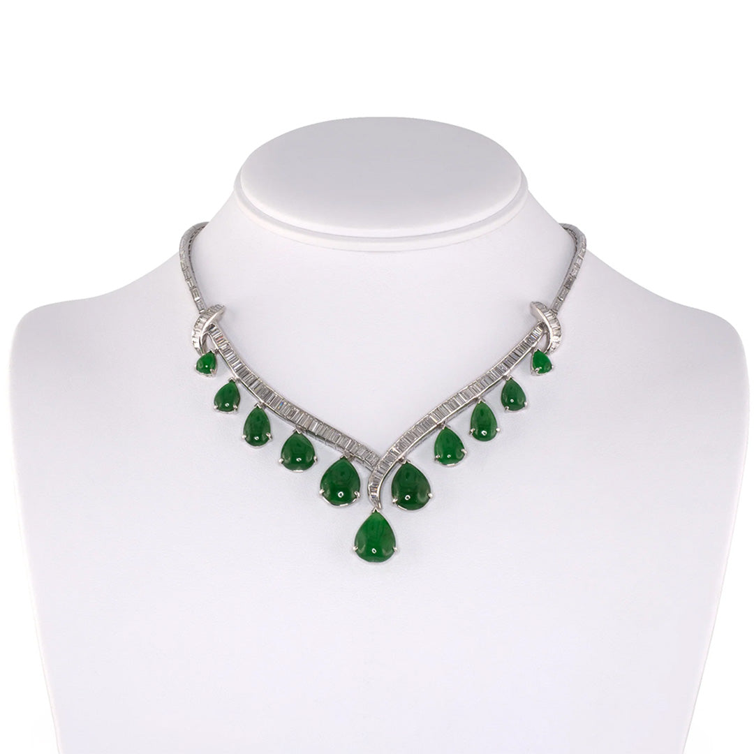 Exquisite Diamond & Jadeite Tapered 'V' Festoon Necklace - Elegant Statement Jewelry for Weddings, Parties & Special Occasions