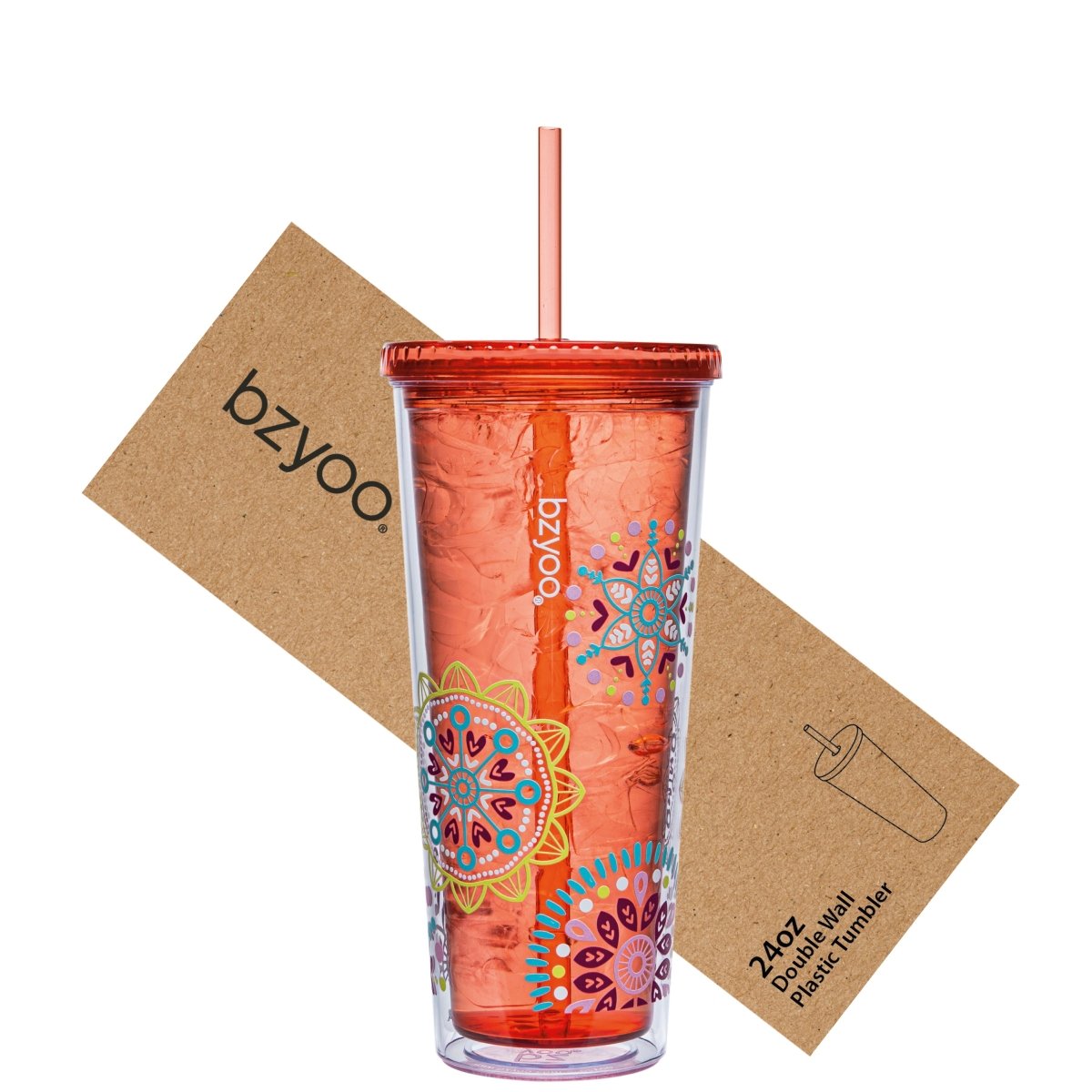 24oz Double Wall Insulated Plastic Tumbler with Lid & Straw - Leakproof Travel Mug, BPA-Free, Reusable Cold Drink Cup for Coffee, Iced Tea, Smoothies - Medallion Orange (Perfect for Office, Gym, Camping & Outdoor Activities)