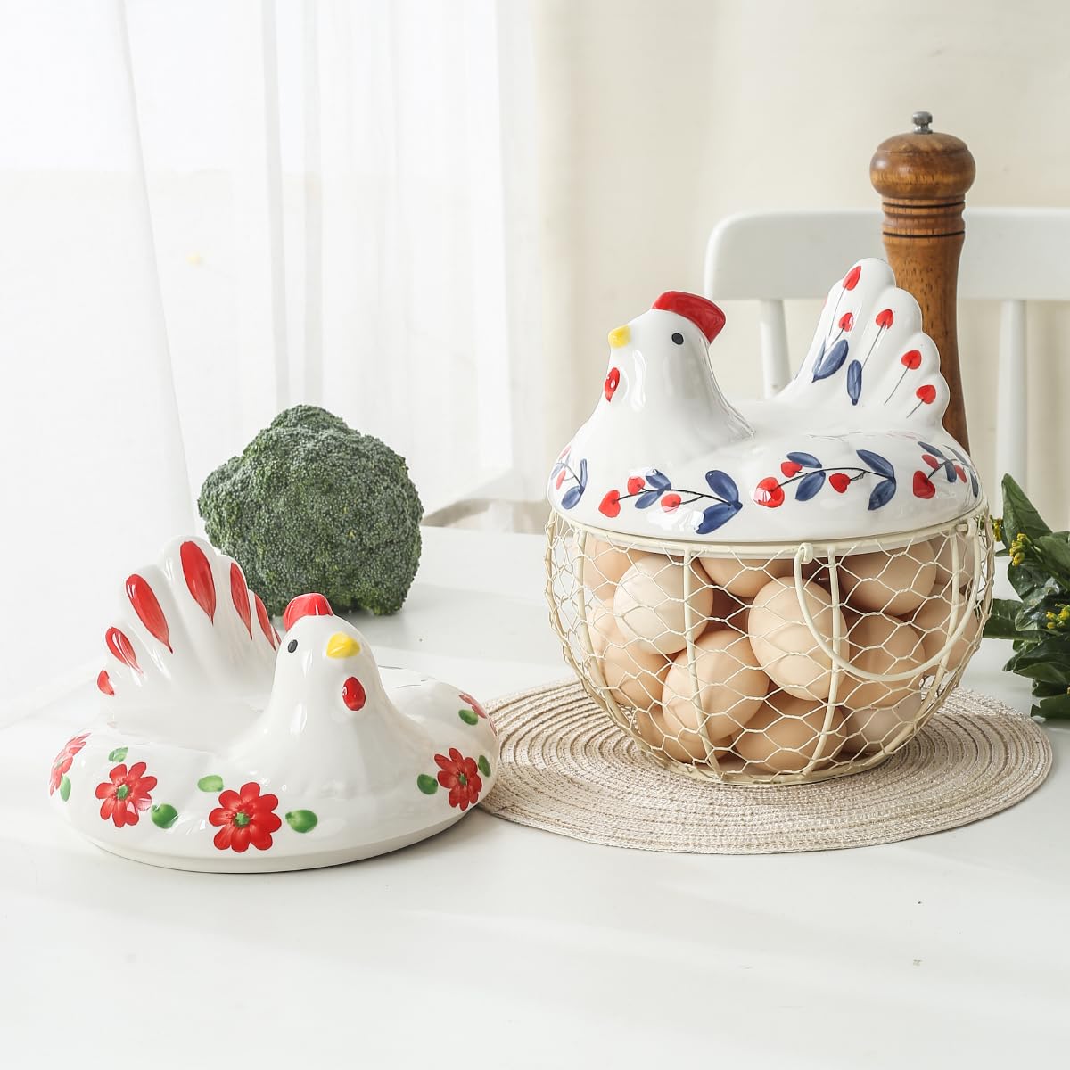 Ceramic Chicken Egg Holder with Wire Basket - Decorative Countertop Egg Storage for 2 Dozen Eggs - Perfect for Farmhouse Kitchens, Breakfast Buffets & Fresh Egg Display