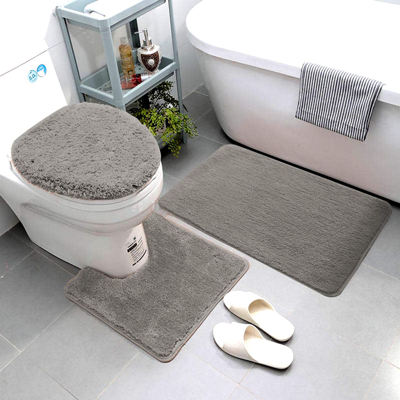 Smart Linen 3-Piece Bathroom Rug Set - Ultra Soft Microfiber Bath Mat, Contour Mat & Toilet Lid Cover with Non-Slip Rubber Backing, Machine Washable (Gray) - Perfect for Modern Bathrooms, Guest Suites & Cozy Home Decor