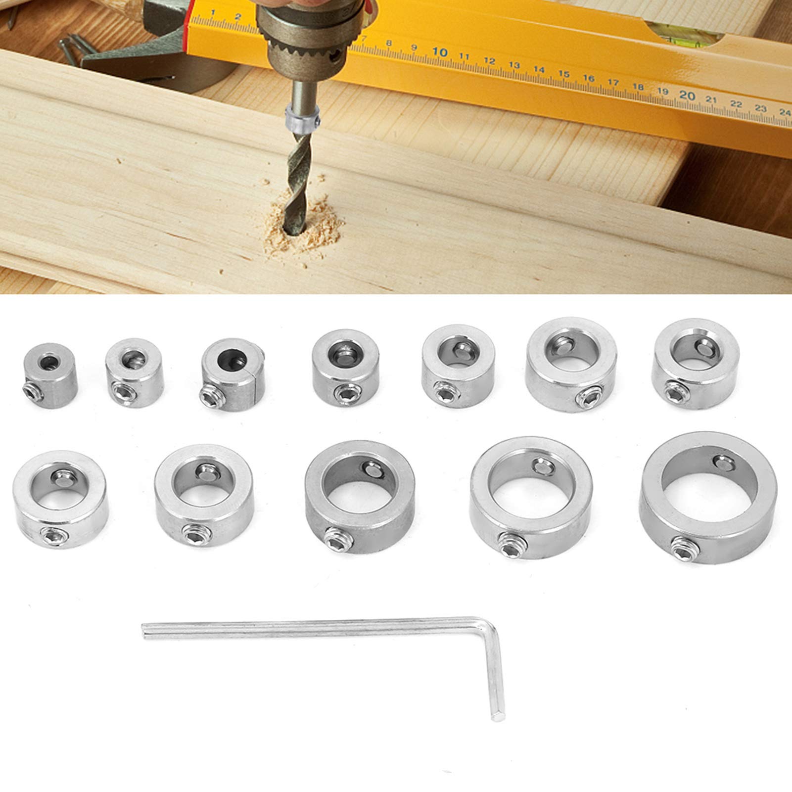 12pcs 3-16mm Stainless Steel Drill Bit Depth Stop Collar Set with Hex Wrench | Precision Drilling Limit Rings for Wood, Metal & Plastic | Perfect for DIY Projects & Professional Use