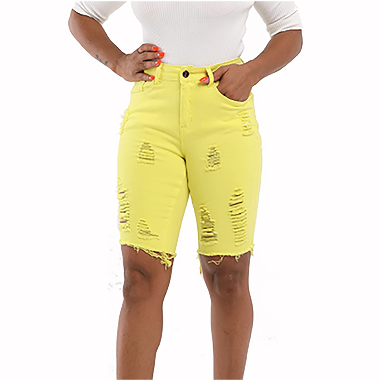 Women's High Waisted Distressed Denim Shorts - Knee Length Ripped Jeans for Summer | Perfect for Casual Outfits, Beach Vacations & Street Style Fashion