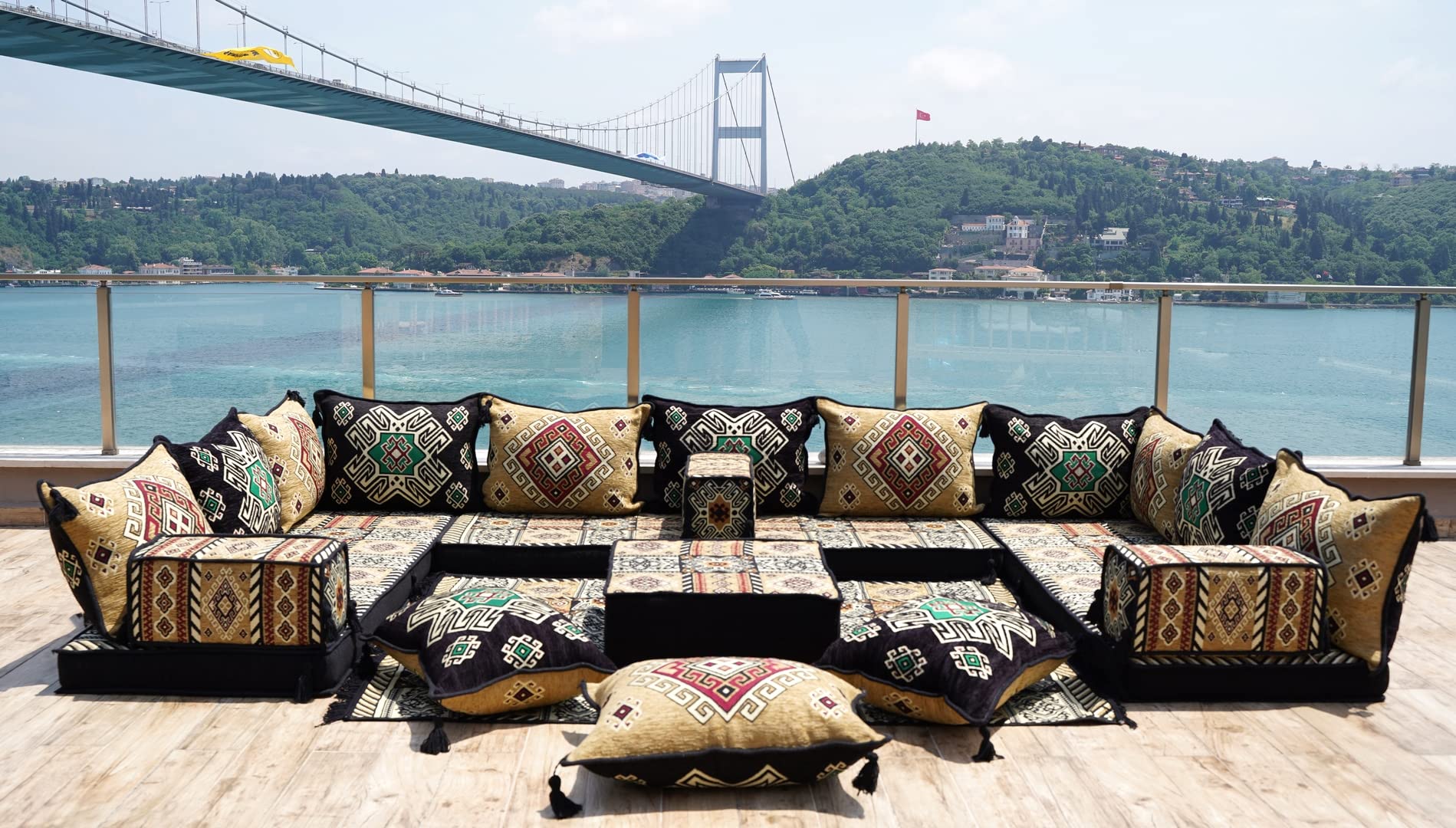 Premium U-Shaped Arabic Majlis Sofa Set with Floor Pillows & Cushions - Traditional Oriental Jalsa Seating for Living Room, Lounge & Cultural Gatherings