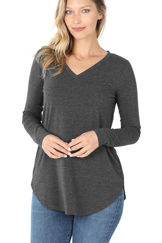 Women's Long Sleeve V Neck Scoop Front & Back Stretch T-Shirt - Casual Comfort Top for Everyday Wear, Work & Date Night