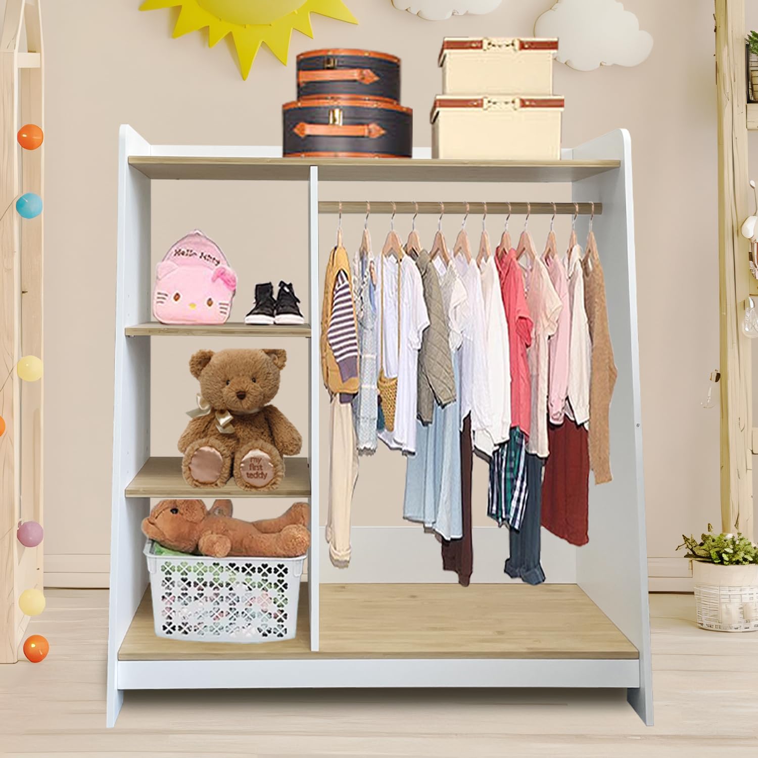 Kids Wardrobe & Dresser Set - White Baby Clothes Organizer with Hanging Armoire & Toddler Dress Up Rack | Nursery Storage Solution for Girls' Bedroom | Space-Saving Kids Closet for Clothes, Toys & Accessories