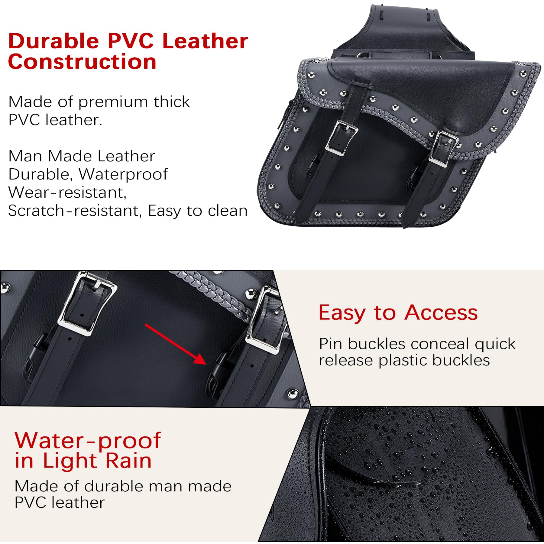Dream Apparel Faux Leather Motorcycle Saddle Bags - Studded Throw Over Side Bags for Honda Shadow, Sportster, Softail & Dyna - Waterproof PVC Motorcycle Luggage (Black/Grey) - Perfect for Cruiser Rides & Long-Distance Touring