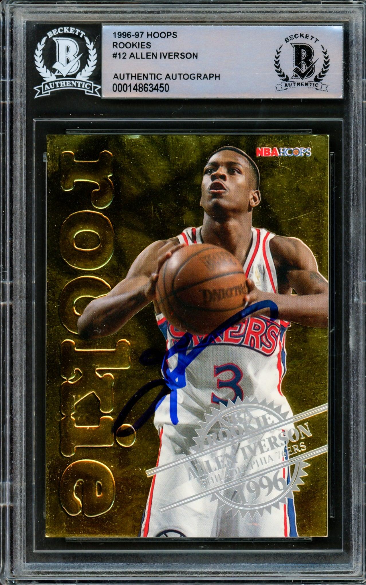 Allen Iverson Autographed 1996-97 Hoops NBA Rookie Card #12 Philadelphia 76ers Beckett BAS #14863450 - Perfect for Sports Memorabilia Collectors and 76ers Fans