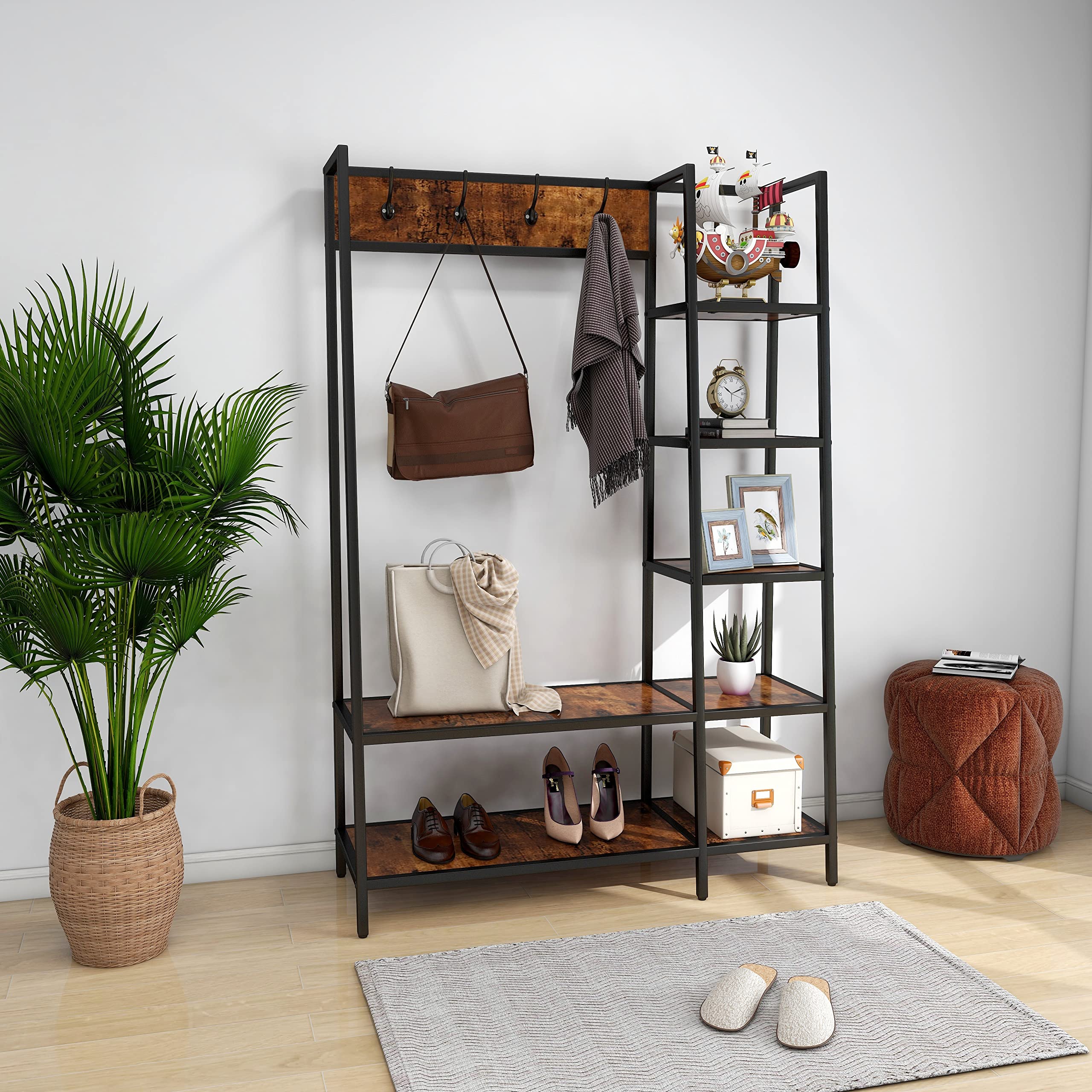 5-in-1 Wooden Entryway Hall Tree with Coat Rack & Shoe Storage - Free Standing Industrial Style Organizer for Porch, Mudroom & Foyer - Durable Metal Frame Accent Furniture by AGH DECO - Perfect for Small Spaces & Home Organization