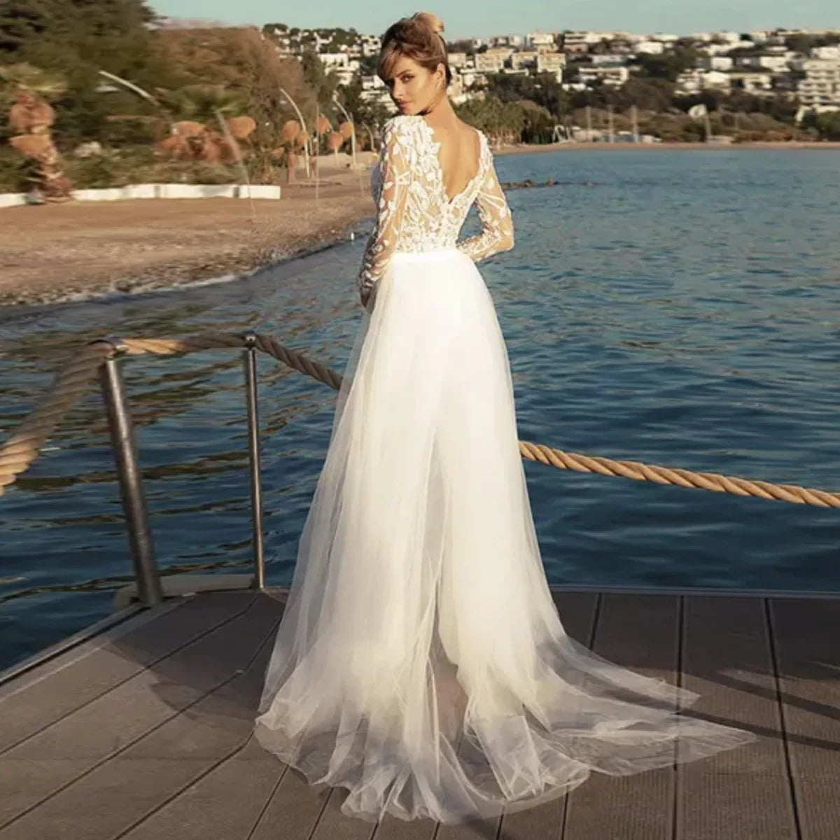 Elegant Illusion Lace Stretch Pants Wedding Dress with Detachable Overlay - Perfect for Bridal Gowns, Evening Gowns, and Special Occasions