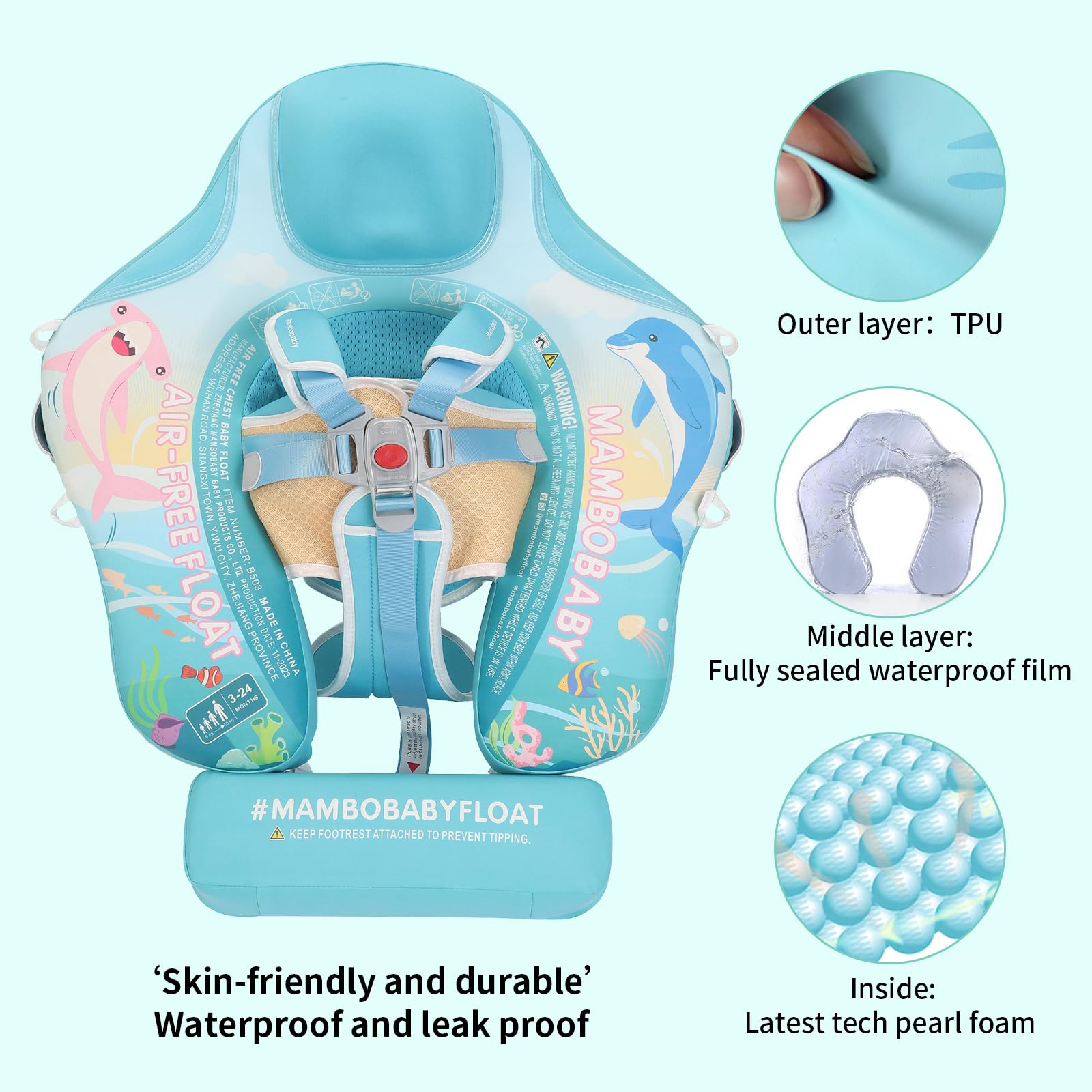 Mambobaby Baby Swim Float with Canopy & Portable Backpack - Skin-Friendly Non-Inflatable Infant Pool Float for 3-24 Months - Waterproof Smart Swim Trainer with Tail - Perfect for Beach, Pool, and Outdoor Water Activities