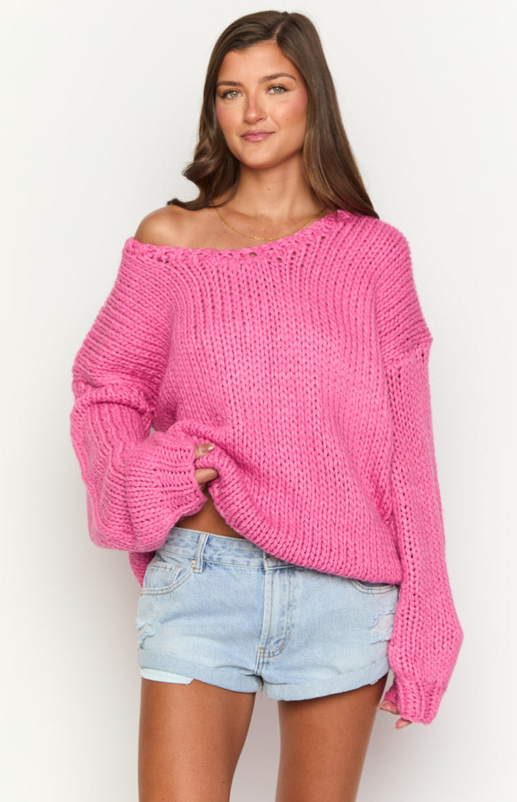 Delvey Women's Hot Pink Chunky Knit Sweater - Oversized Cable Knit Pullover for Winter Fashion & Cozy Outfits | Perfect for Christmas, Date Night & Casual Wear