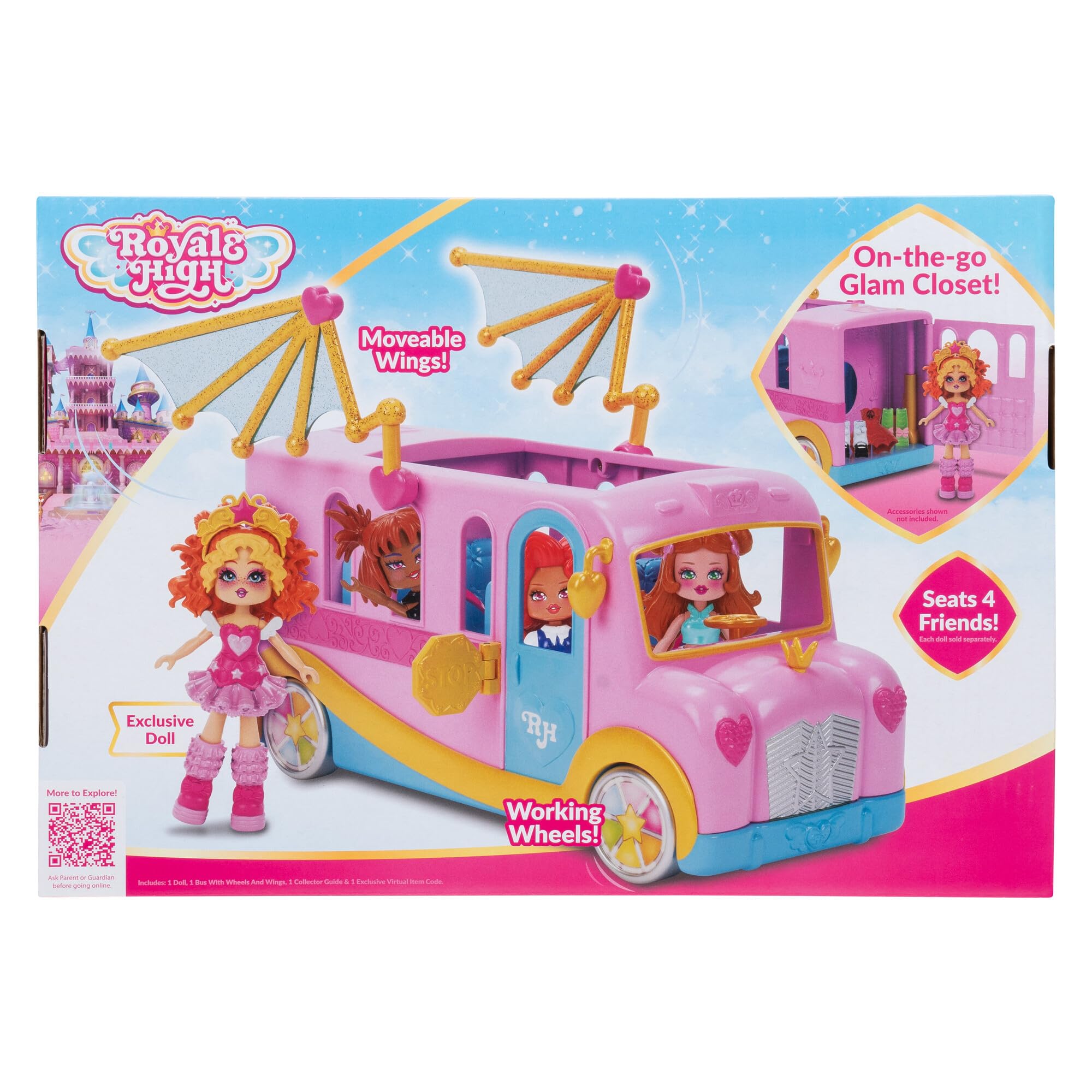 Royale High Bus & Glam Closet - Exclusive Fashion Doll with Mobile Closet, Movable Wings, Functional Wheels & Seats for 4 Friends - Includes Virtual Item Code - Perfect for Role Play & Travel Adventures - Ages 5+