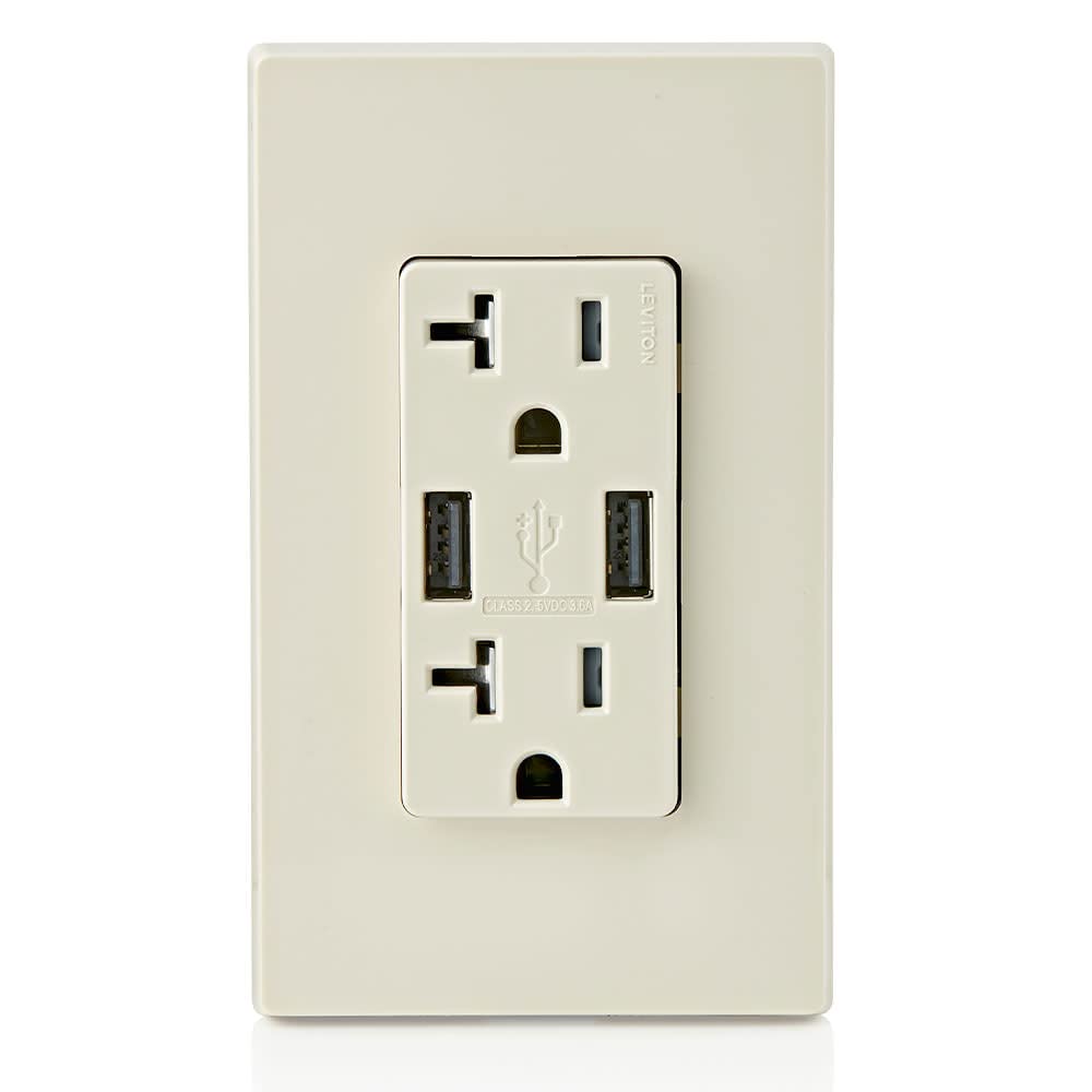 Leviton T5832-T USB Wall Charger with 20A Outlet - Fast Charging for Smartphones & Devices in Home/Office
