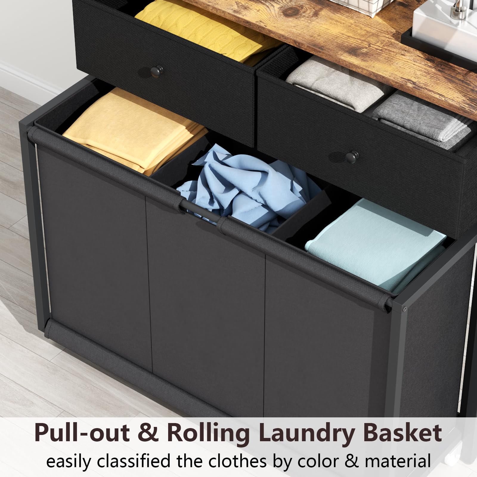 3-Section Rolling Laundry Hamper with 2-Tier Storage Shelf & 2 Drawers - Foldable Clothes Sorter Organizer for Bedroom, Bathroom & Laundry Room - Perfect for Home Organization & Space Saving