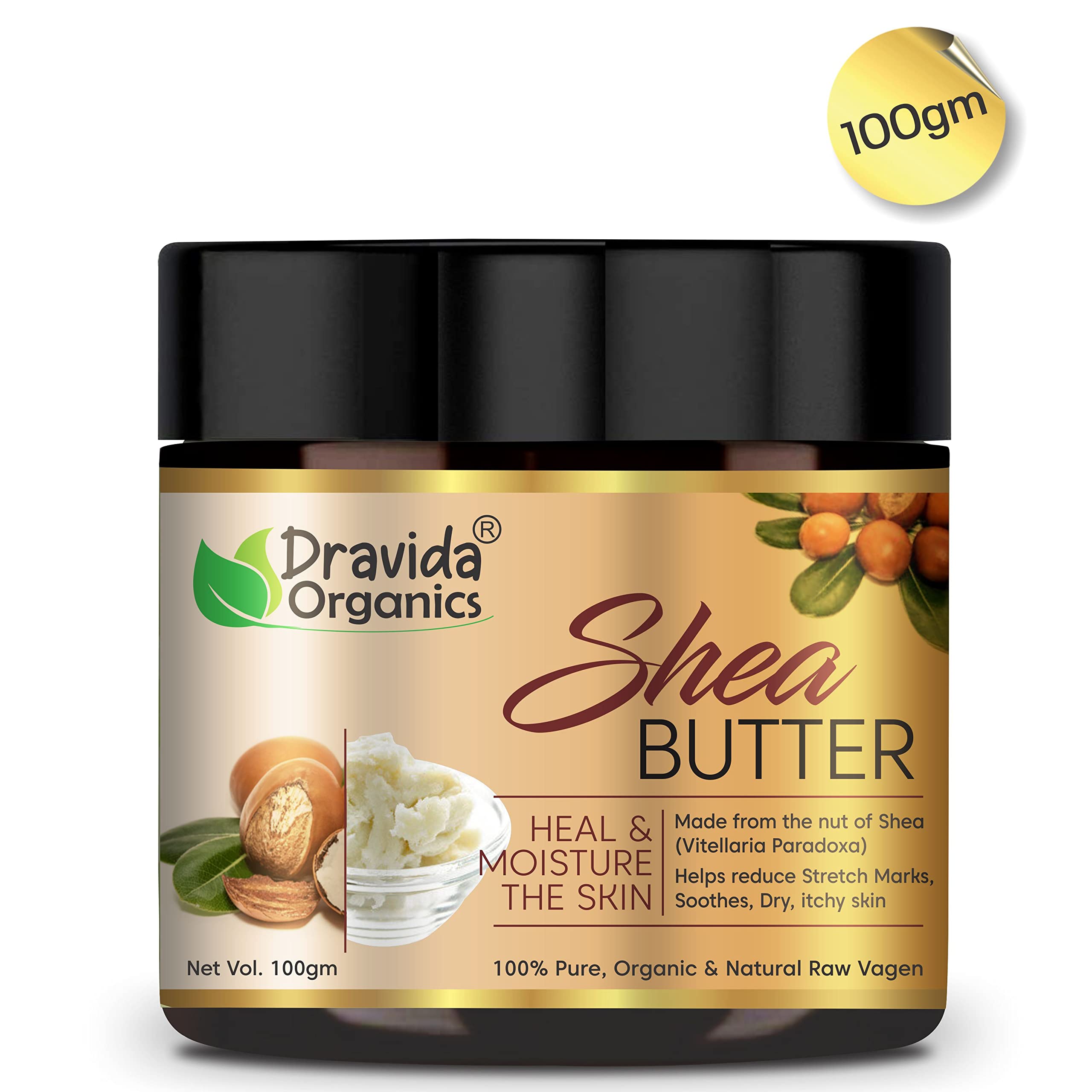 Dravida Organics 100% Pure Unrefined African Raw Shea Butter - Natural Moisturizer for Face, Lips, Skin & Body Care (100g) | Perfect for Dry Skin Treatment, Hair Conditioning & DIY Beauty Recipes