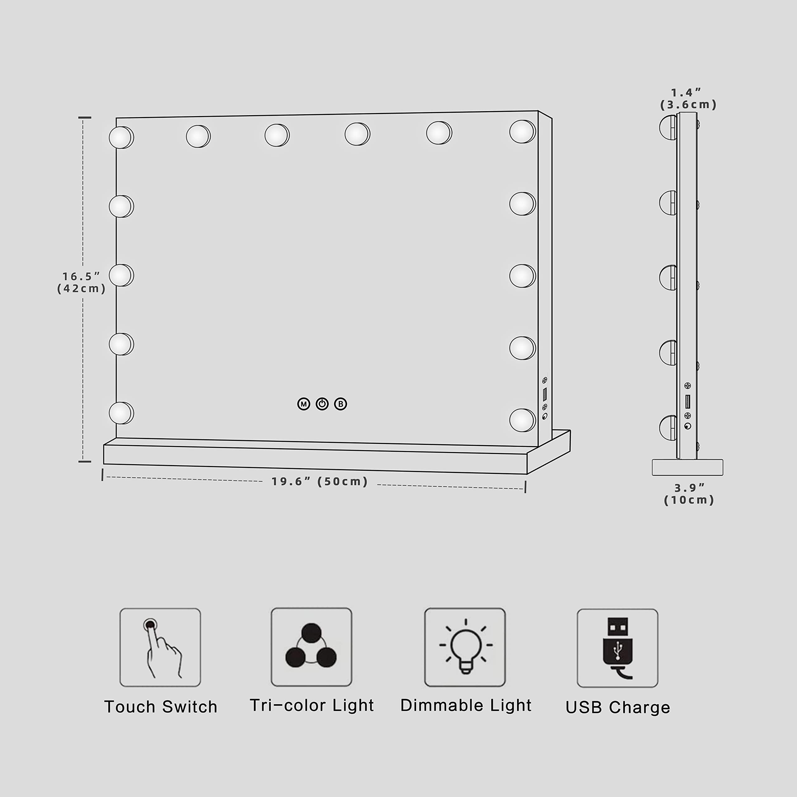 Hollywood Vanity Mirror with Lights - 14 Dimmable LED Makeup Mirror for Bedroom & Dressing Room, Tabletop or Wall Mounted (19.6x16.5
