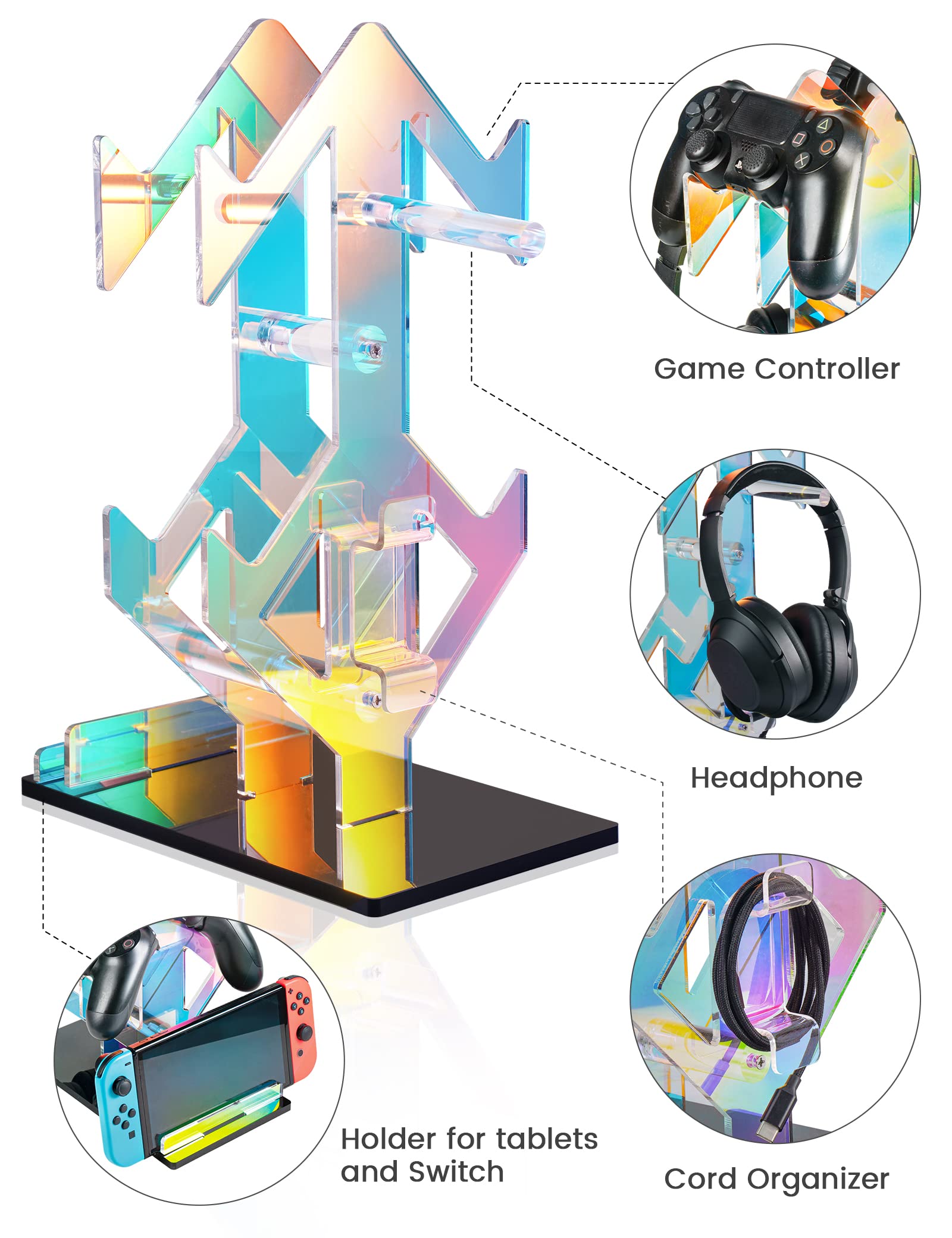 NiHome Iridescent Acrylic 2-Tier Universal Game Controller and Headset Holder Stand - Modern Storage Organizer for PS5, Xbox ONE, Nintendo Switch Controllers & Headphones - Anti-Slip Stable Gaming Accessory Rack - Perfect for Gaming Setup and Living Room Organization