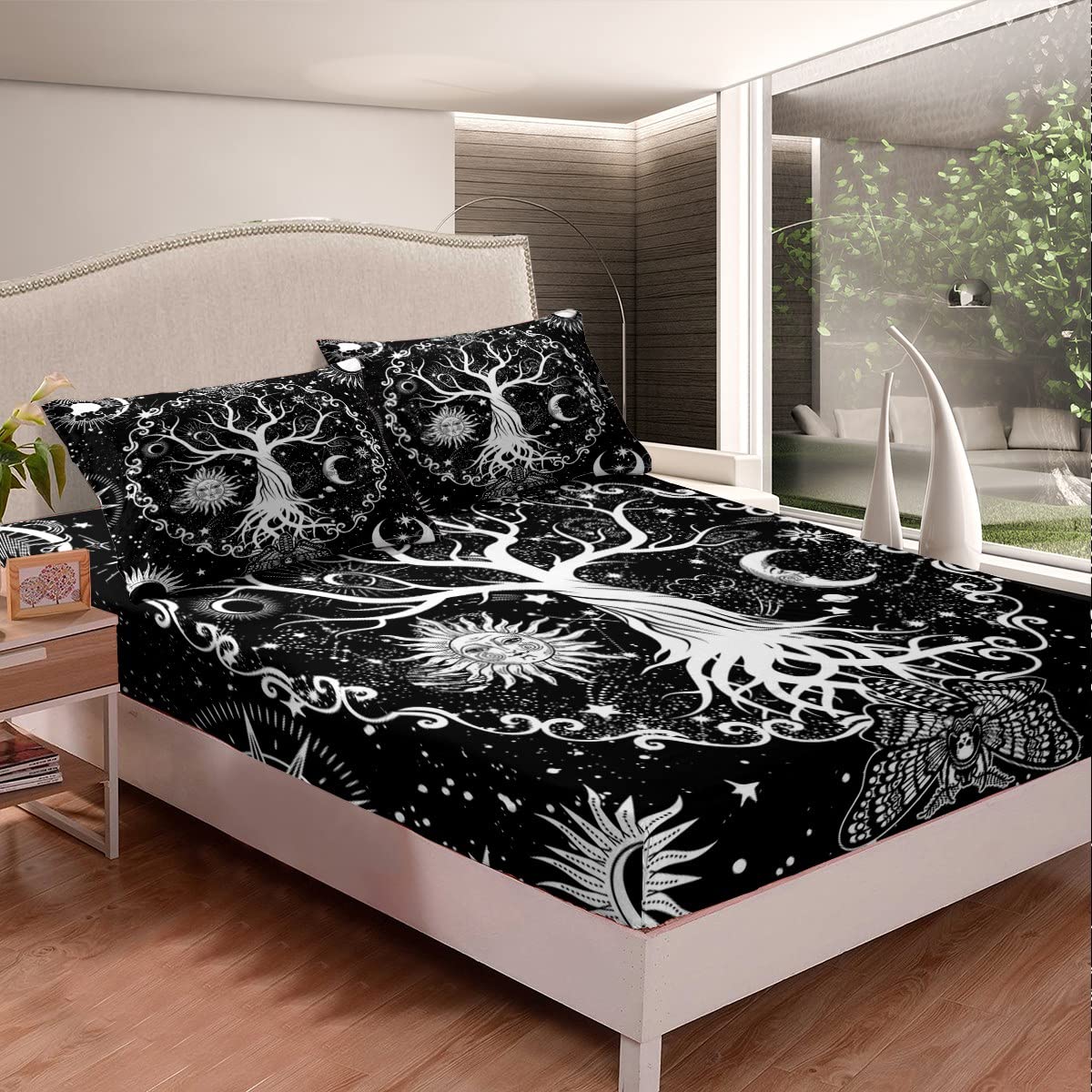 Erosebridal Tree of Life Bed Sheet Set - Gothic Sun & Moon Fitted Sheet with Cosmic Stars Design, Boho Death Skull & Trippy Galaxy Print, Includes 2Pcs Twin Size Sheets & 1 Pillowcase - Perfect for Gothic, Bohemian & Celestial Themed Bedrooms