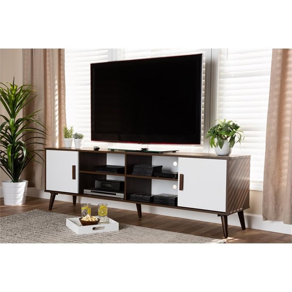 BOWERY HILL 2-Door Wood TV Stand Console Entertainment Center in White and Brown - Modern TV Cabinet for Living Room, Bedroom & Home Theater Storage