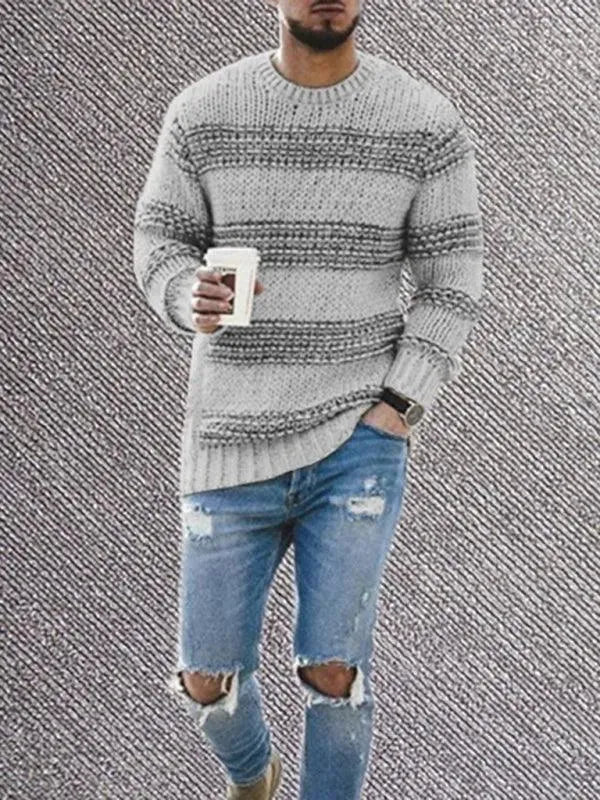 Men's Striped Round Neck Pullover Sweater - Casual Winter Knitwear for Office, Outdoors & Daily Wear