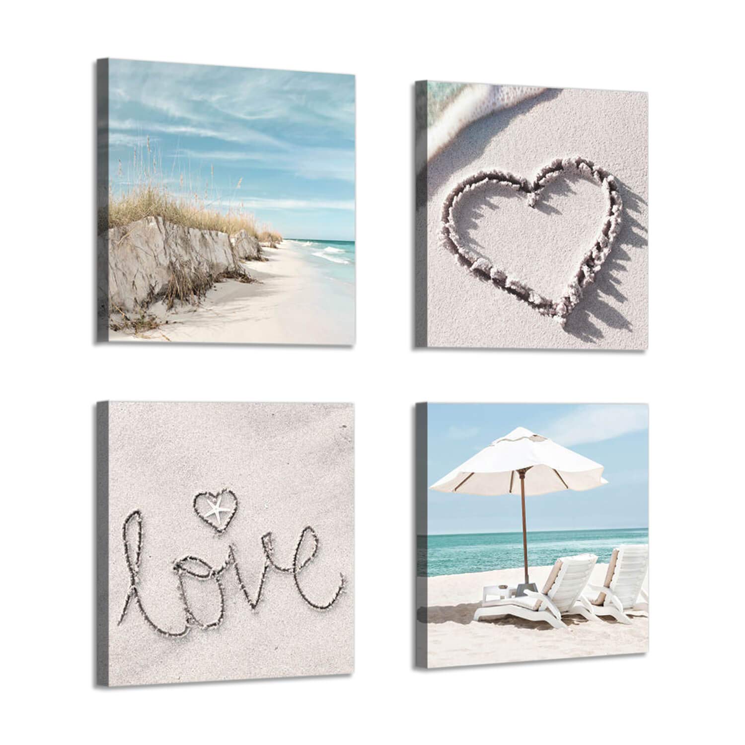 Beach Wall Art Set of 4 - 16x16 Inch Coastal Canvas Prints with Seaside Chairs & Umbrella Decor for Bathroom, Living Room or Bedroom - Multi-Sized Ocean Themed Painting