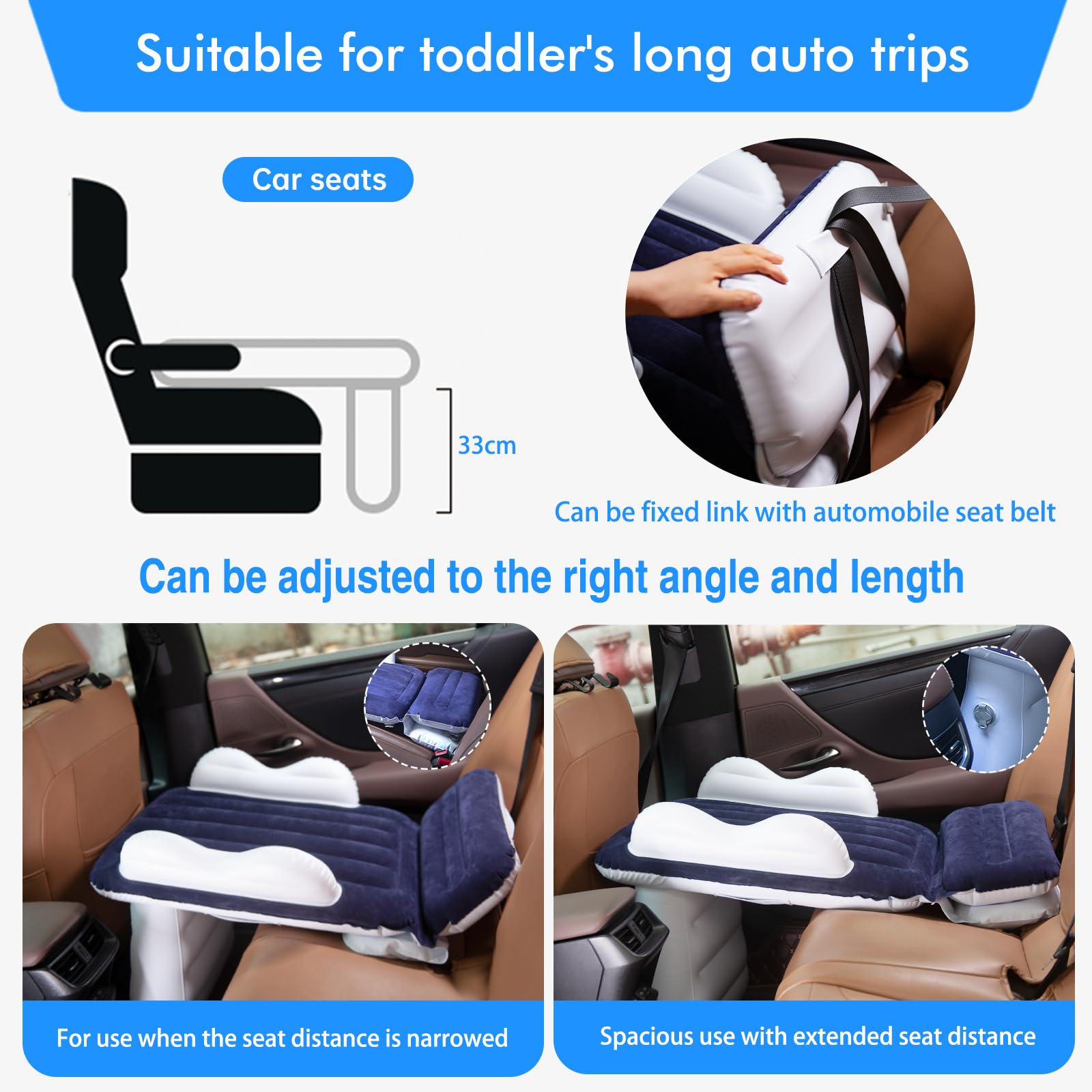 Inflatable Airplane Bed for Toddlers - Blue Kids Travel Bed with Safety Belt, Manual Pump & Carry Bag | Portable Toddler Air Mattress Fits Most Airplane Seats | Perfect for Long Flights, Road Trips & Sleepovers