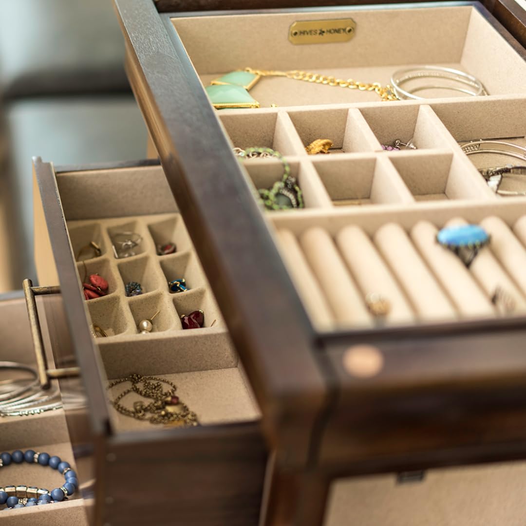 Hives and Honey Haley Jewelry Armoire with Storage Organizer - Walnut Wood Jewelry Box for Necklaces, Rings & Earrings - Perfect for Bedroom, Closet & Travel Organization