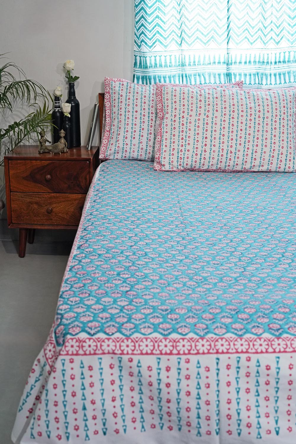 Hand Block Printed Cotton Percale Bedsheet Set - 100% Organic Artisan Weave Bedding - Breathable & Soft for All Seasons - Perfect for Master Bedroom, Guest Room & Dorm Decor