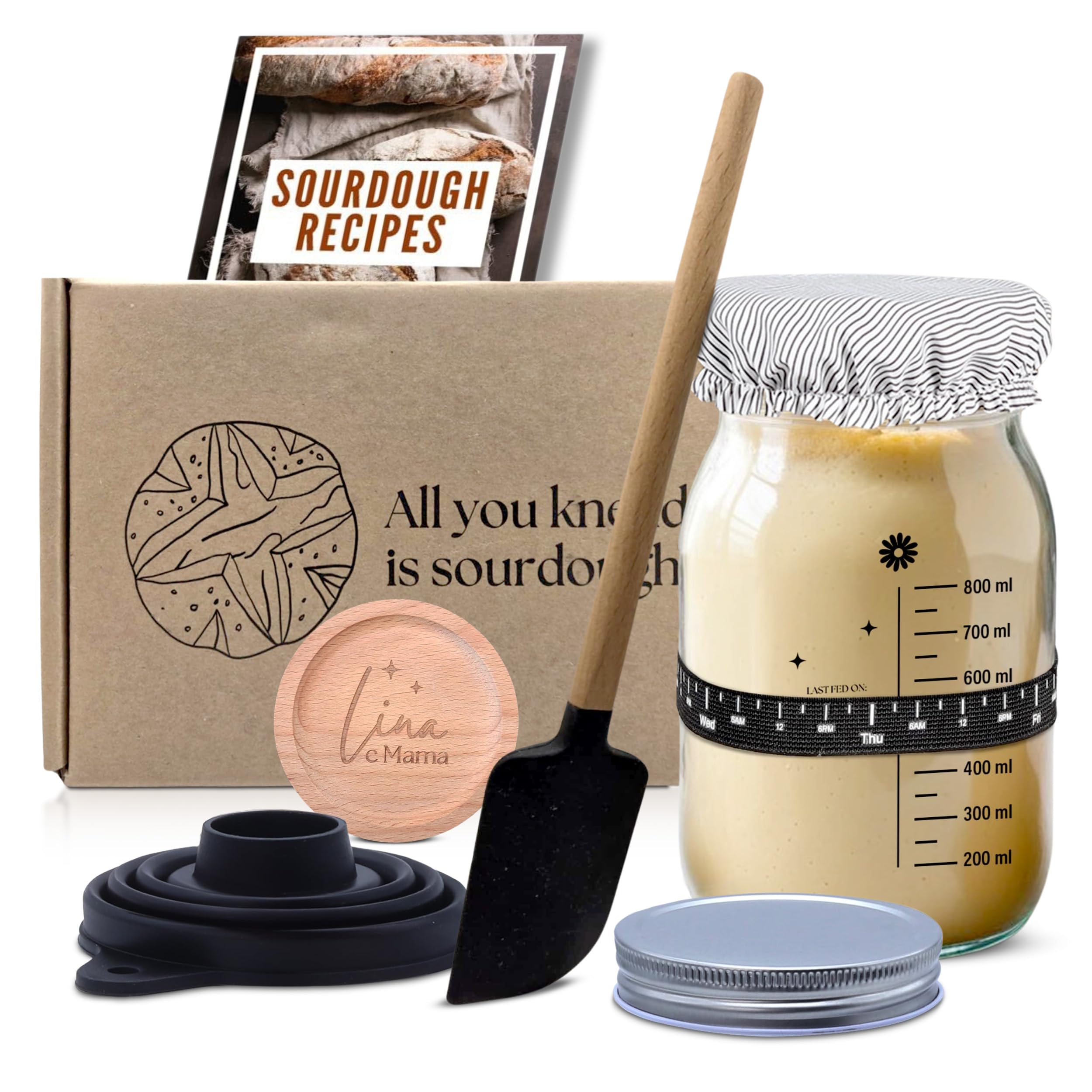 34 Oz Sourdough Starter Jar with Wooden & Aluminum Lid - Complete Sourdough Starter Kit Includes Spatula & Funnel - Wide Mouth Glass Jar for Homemade Bread Baking - Perfect for Beginners & Professional Bakers - Ideal for Kitchen, Gifts & Artisan Bread Making