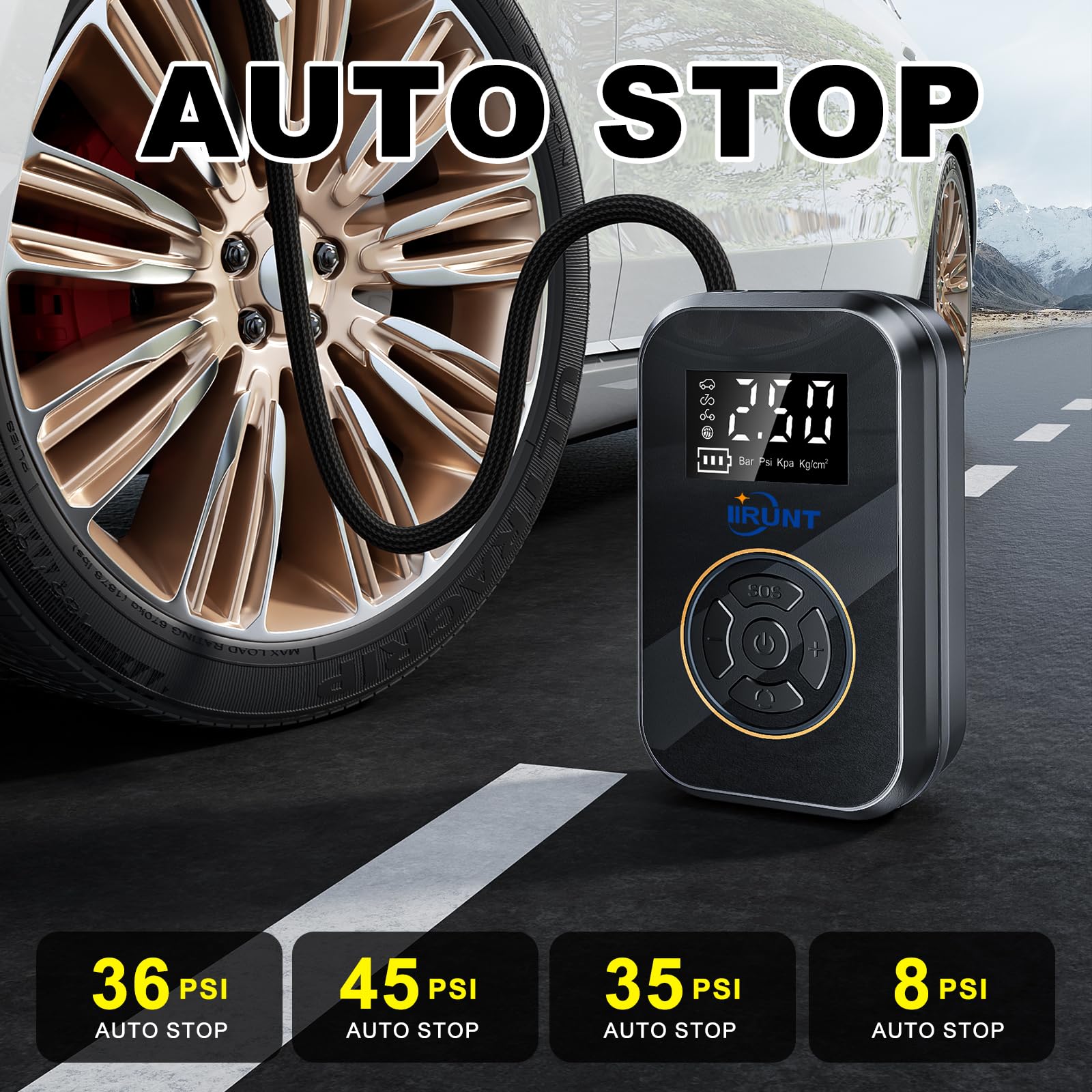 Portable Electric Air Compressor Pump - 4000mAh Battery, 130 PSI, LED Light & Auto Shutoff - Digital Pressure Gauge for Car Tires, Bike, Motorcycle - Perfect for Road Trips, Camping & Emergency Tire Inflation