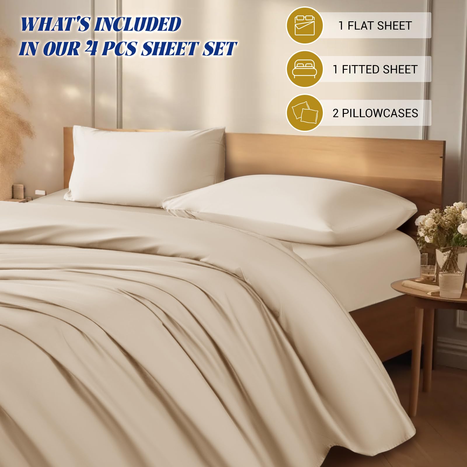 Luxury 1200 Thread Count 100% Egyptian Cotton Sheets Set - 5-Star Hotel Quality, Breathable & Cooling Bedding - 16 Inch Deep Pocket - 4 Piece Queen Size (Beige) | Perfect for Master Bedrooms, Guest Rooms & Luxury Hotels