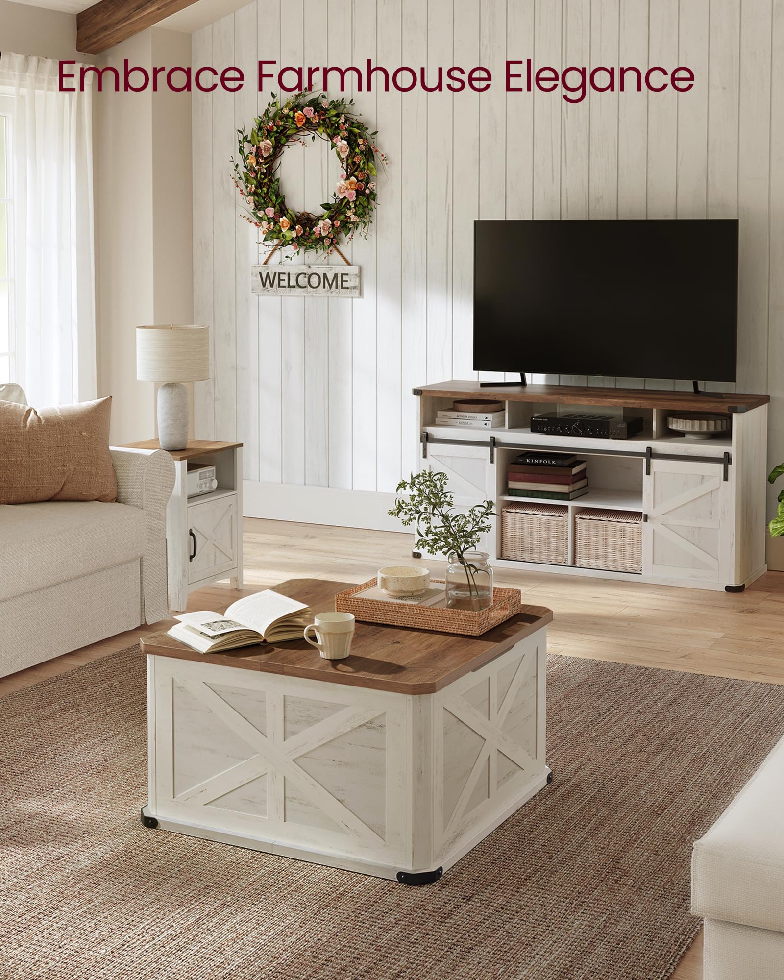 VASAGLE Farmhouse Coffee Table with Storage, Square Living Room Center Table with Flip-Top Lids, Rustic White & Honey Brown - Perfect for Small Spaces, Home Decor, and Coffee Table Books Storage
