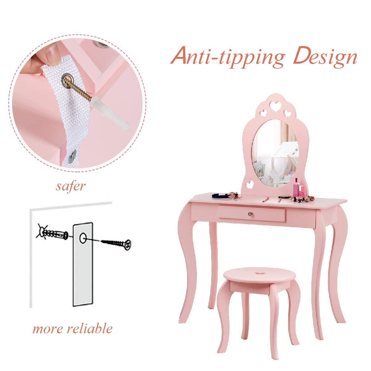 GIANTEX Kids Vanity Table with Stool, Wooden Makeup Dresser with Drawers & Removable Mirror, Pink Princess Vanity Set for Girls - Perfect for Bedroom Decor, Playroom & Gift for Toddlers