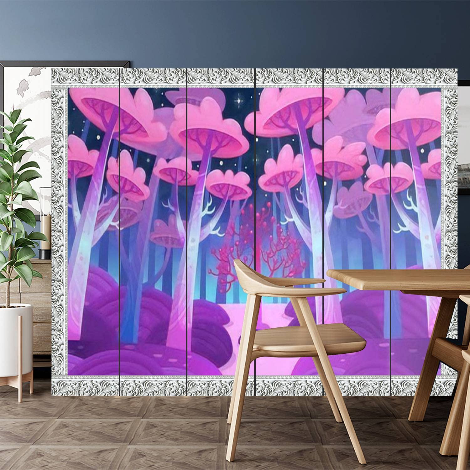 6 Panel Canvas Room Divider Screen - Nature Landscape Night Forest with Magical Trees Baroque Style Privacy Partition | Perfect for Home Office, Bathroom, Pool Area & Gaming Background Setup | Decorative Room Separator for Indoor & Outdoor Use