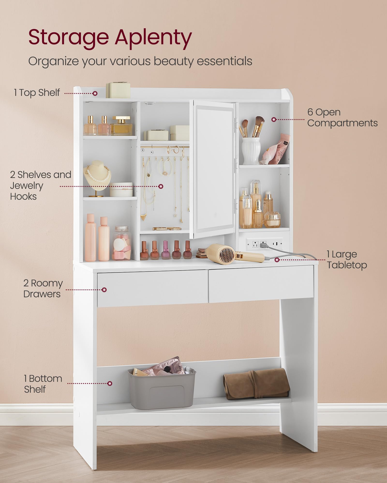 VASAGLE Modern Vanity Desk with Power Outlets & Dimmable LED Lights - Makeup Dressing Table with Mirror, 6 Compartments & 2 Drawers - Includes Upholstered Stool - Perfect for Bedroom, Dorm Room or Beauty Salon (Cloud White URDT031W01)