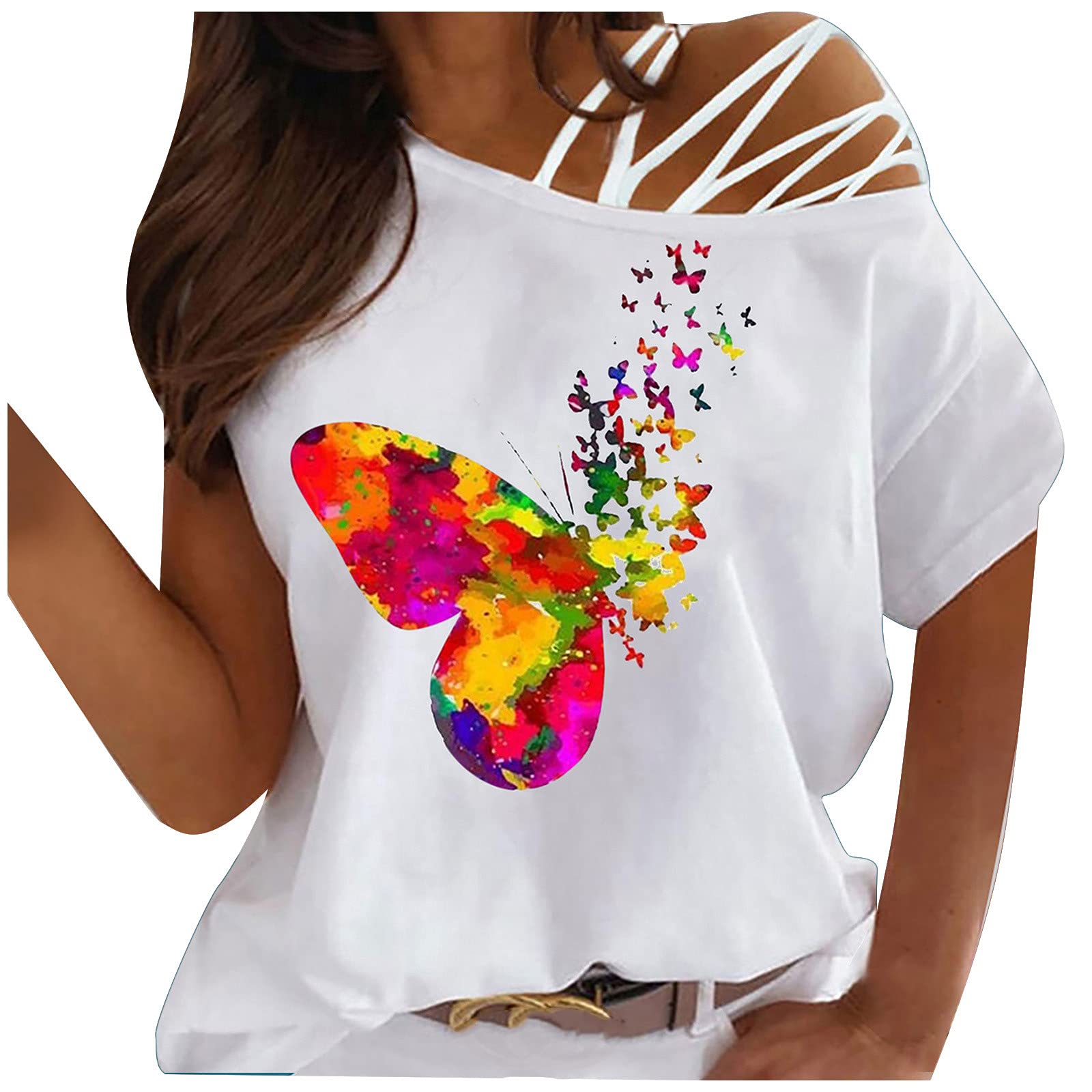 Women's Casual Summer Off Shoulder Strappy T-Shirt - Short Sleeve Blouse for Beach, Vacation & Everyday Wear