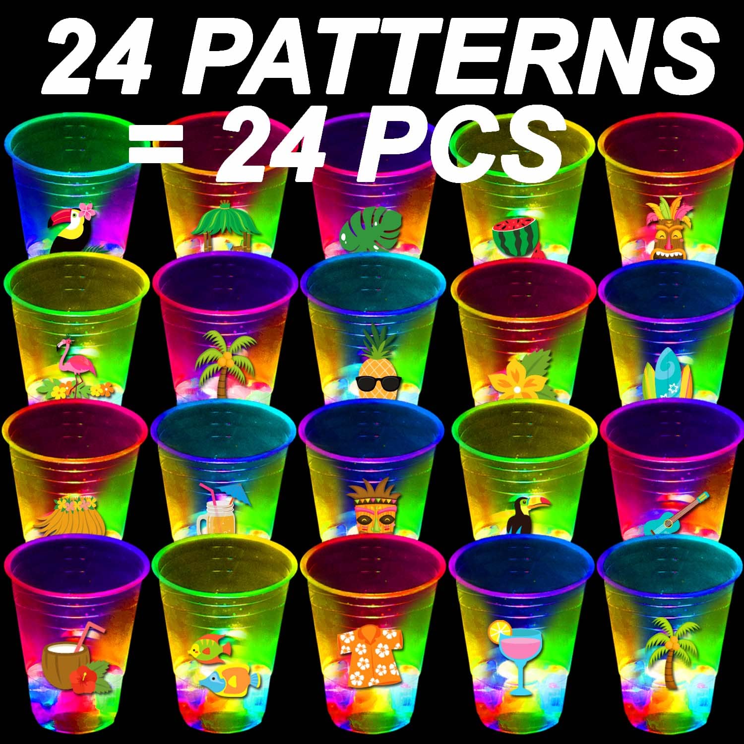 24-Pack Glow in the Dark Hawaiian Luau Party Cups | 16oz Flashing Tiki Cups with LED Lights | Tropical Themed Party Decorations | Perfect for Beach Parties, Luau Events & Summer Gatherings | Reusable Plastic Drinkware for Cocktails & Mocktails
