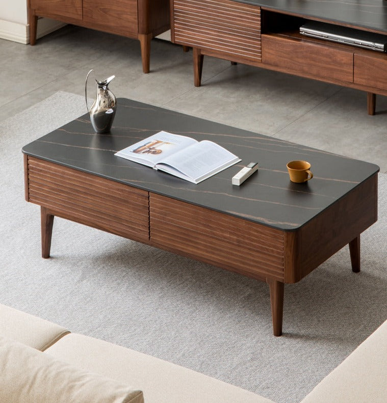 Solid Black Walnut Wood Coffee Table with Natural Slate Top - Perfect for Living Room, Lounge & Modern Home Decor