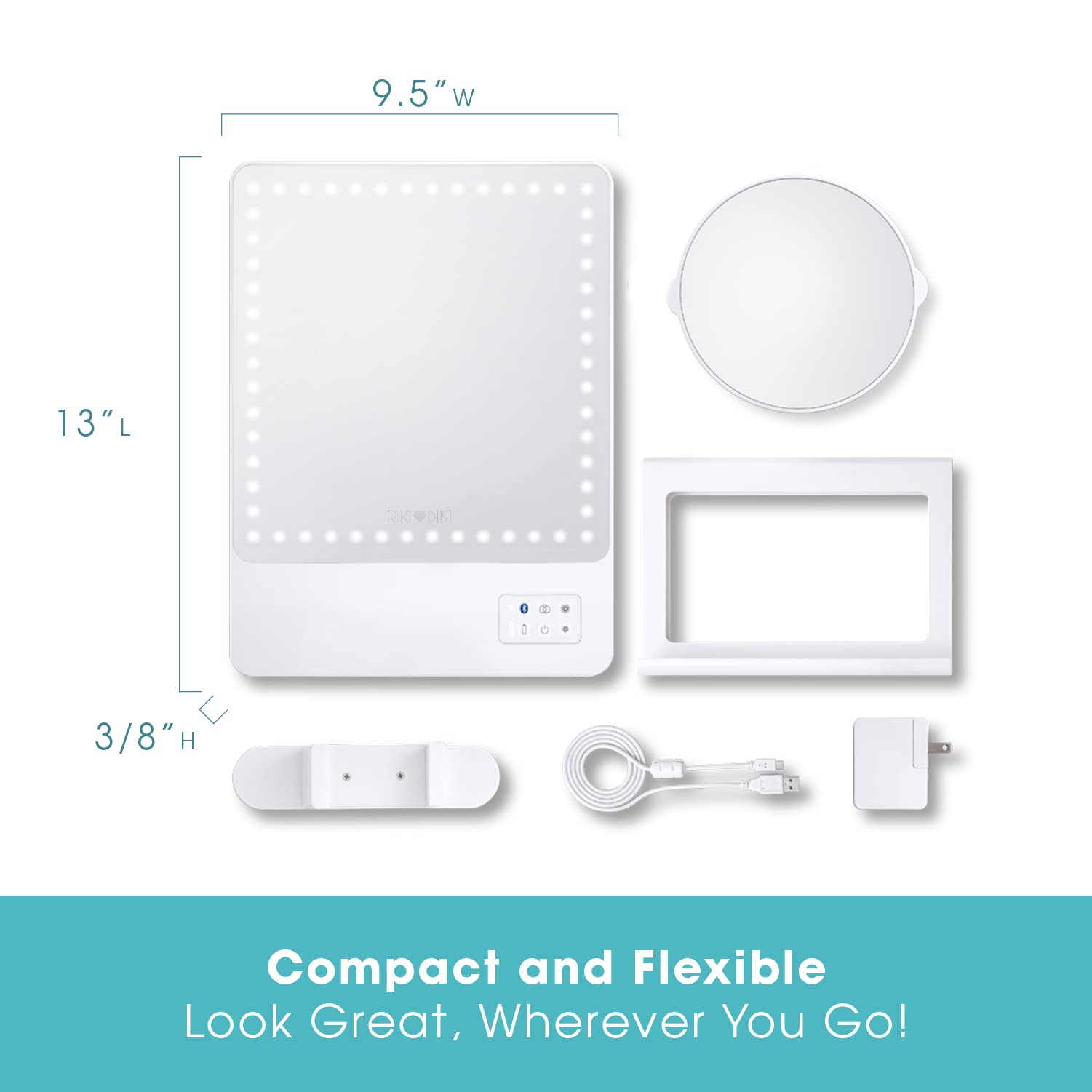Glamcor Riki Skinny Smart Vanity Mirror with HD LEDs - 5X Magnifying Mirror, Phone Holder & Bluetooth Control - White Makeup Mirror for Professional & Home Use - Perfect for Makeup Application, Skincare & Selfie Lighting